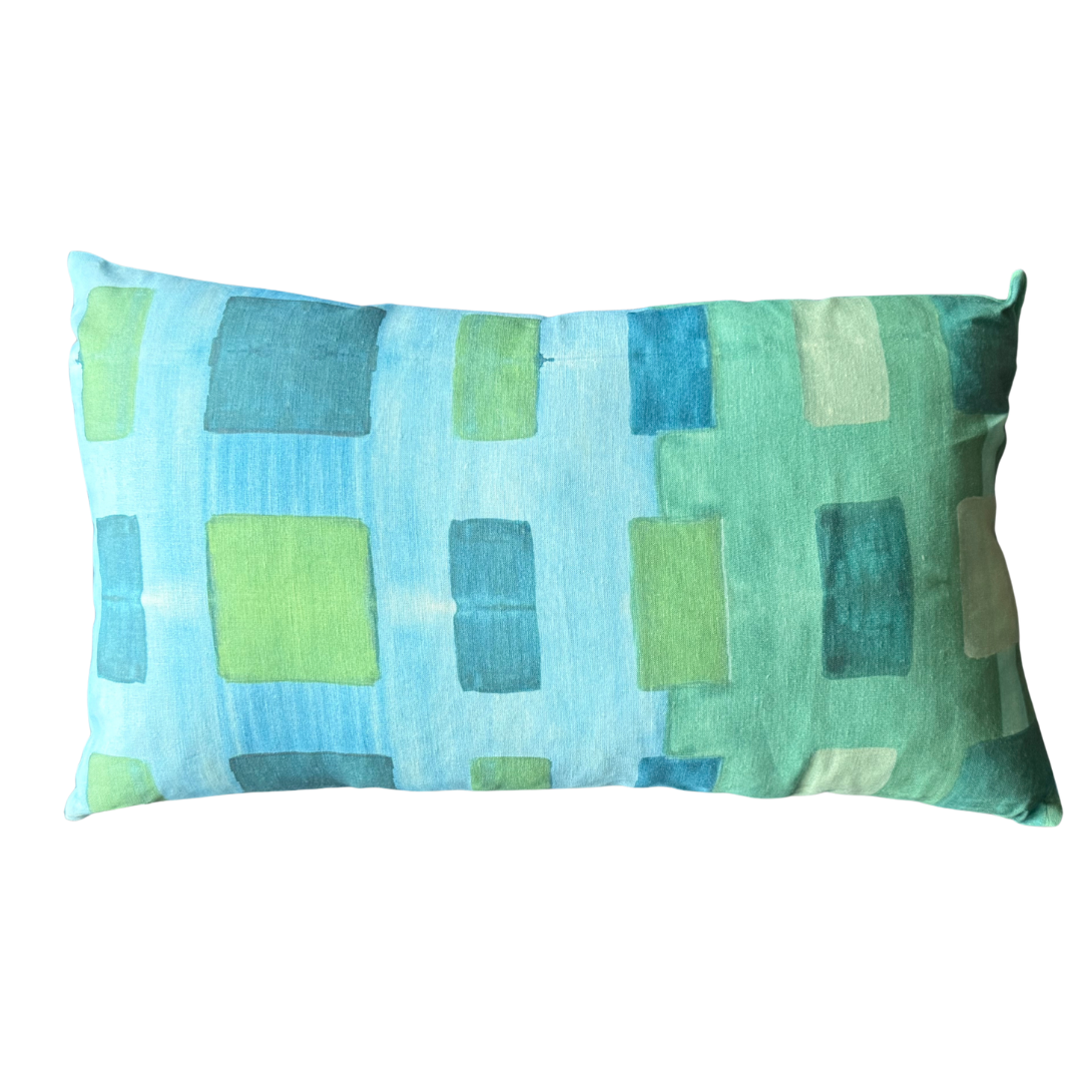 Blue Tapestry linen lumbar pillow 12x20 with bold abstract brushstroke pattern in turquoise blue and green - Goldie Home