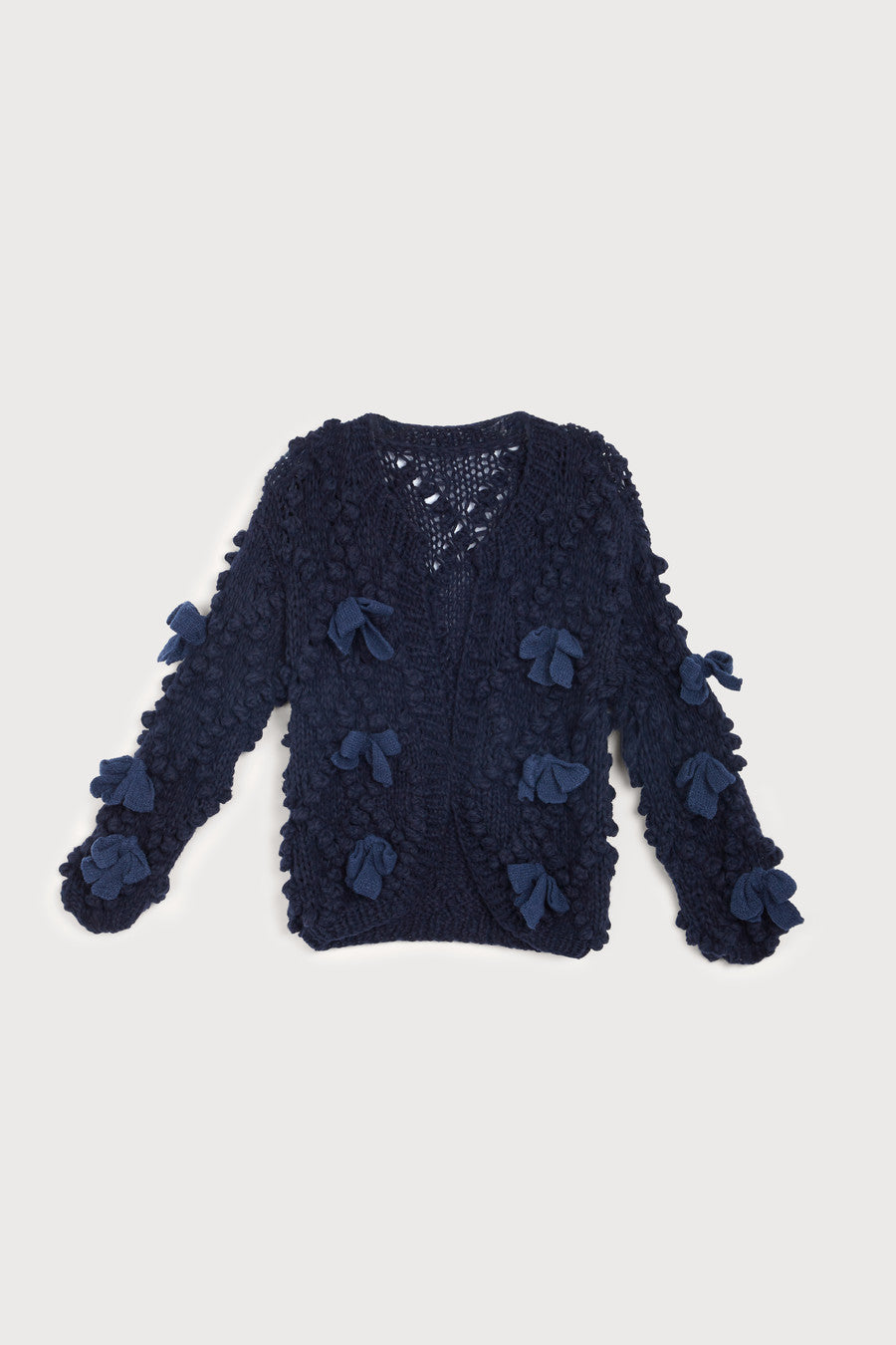 Textured  Bow Cardigan Sweater - Navy