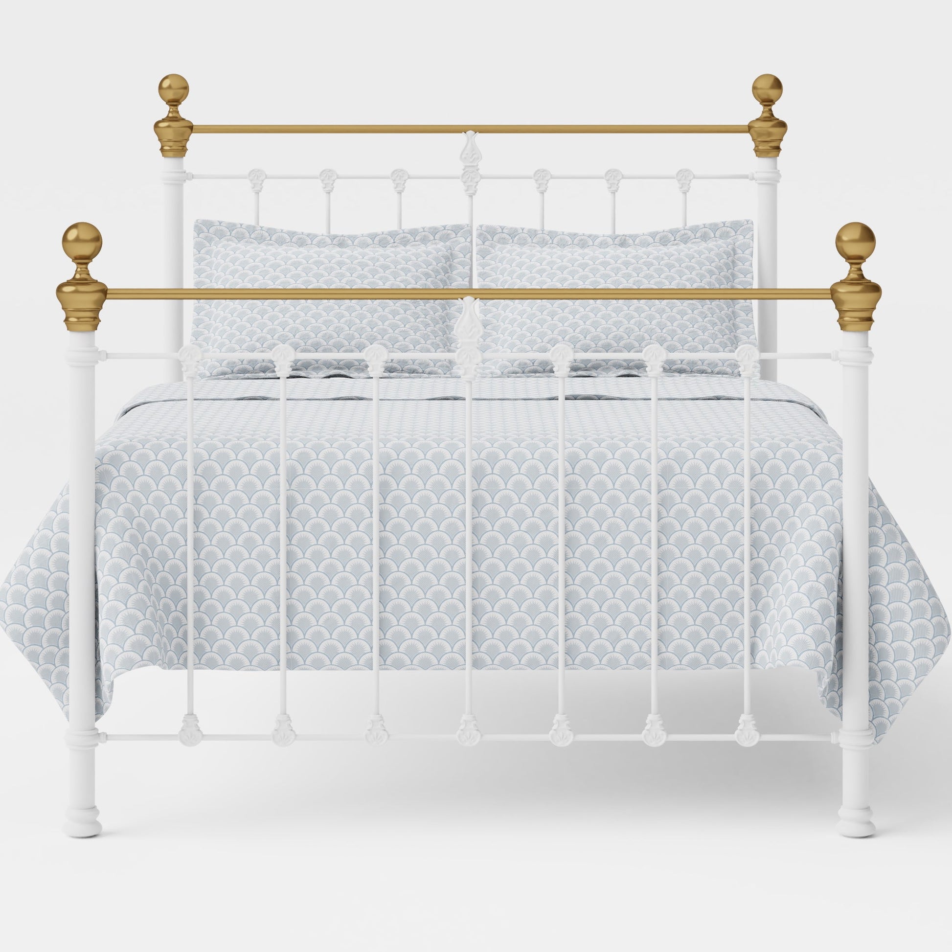 MB-202-6080_4|Sturdy white metal bed frame with ornate brass details and patterned blue bedding, creating a serene sleeping space.