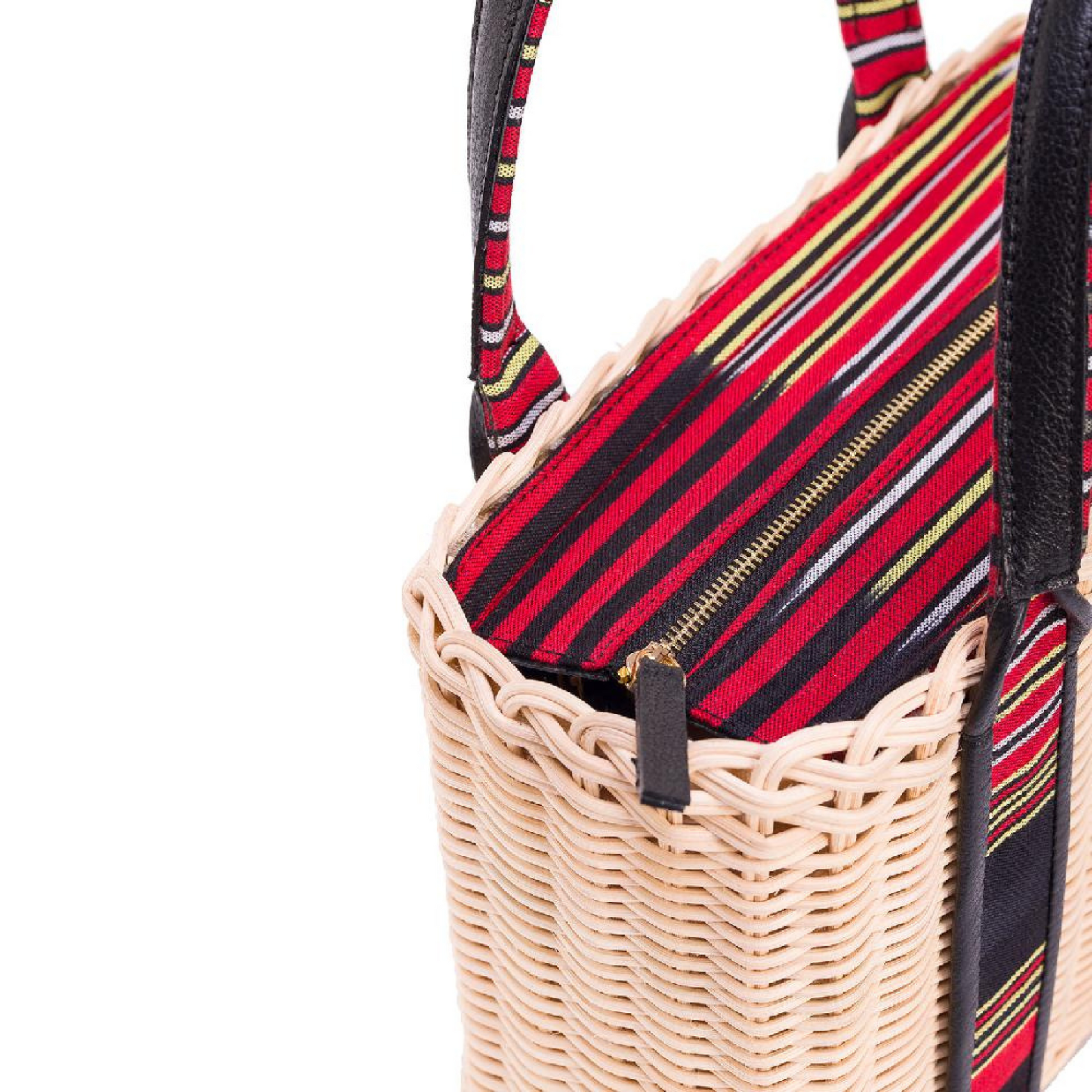 woven rattan women bag with leather detailings. accented with handmade Turkish textile