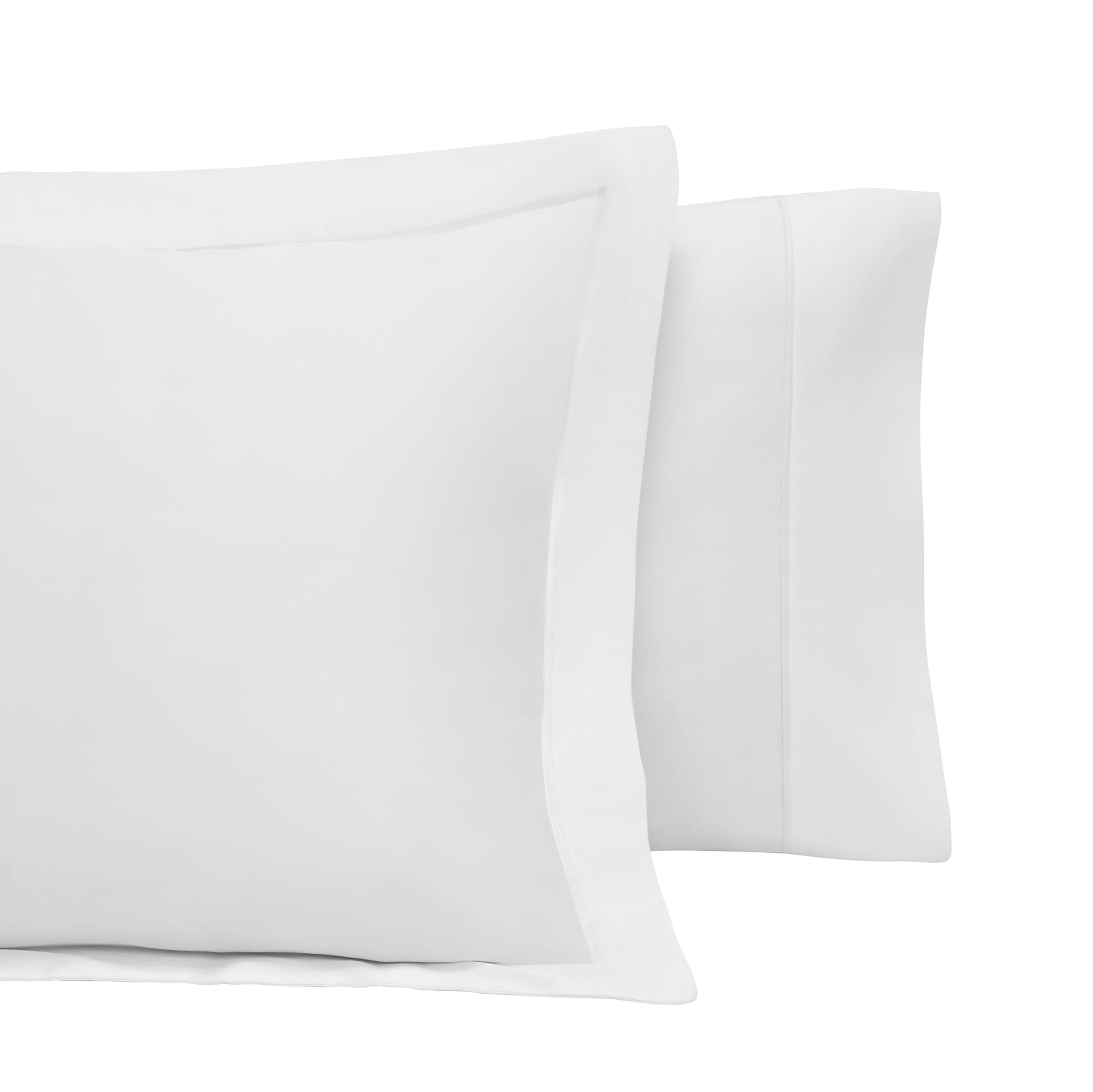 AKP-546-2040_6|Two standard white 100% cotton sateen weave pillowcases, one with a simple flanged border.