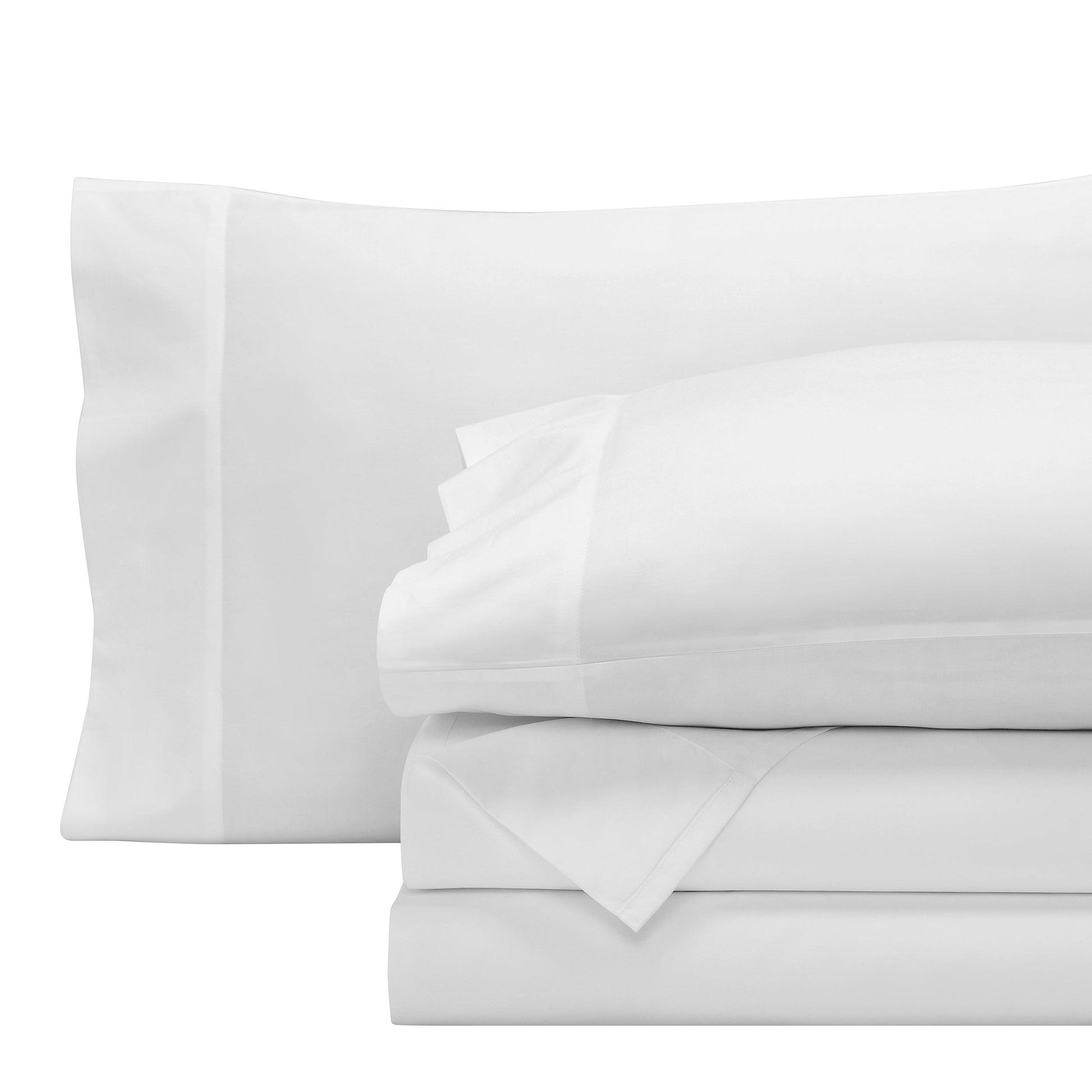 QSS-539-6080_5|Neatly folded set of pure white 100% cotton sheets with matching pillowcases, ready for a comfortable night.