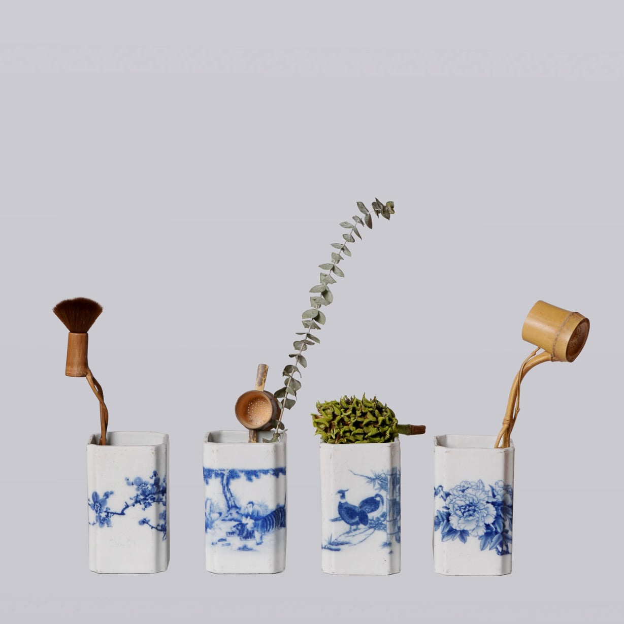 1920s Blue and White Porcelain Cherry Blossom Square Vase - Thumbnail 2