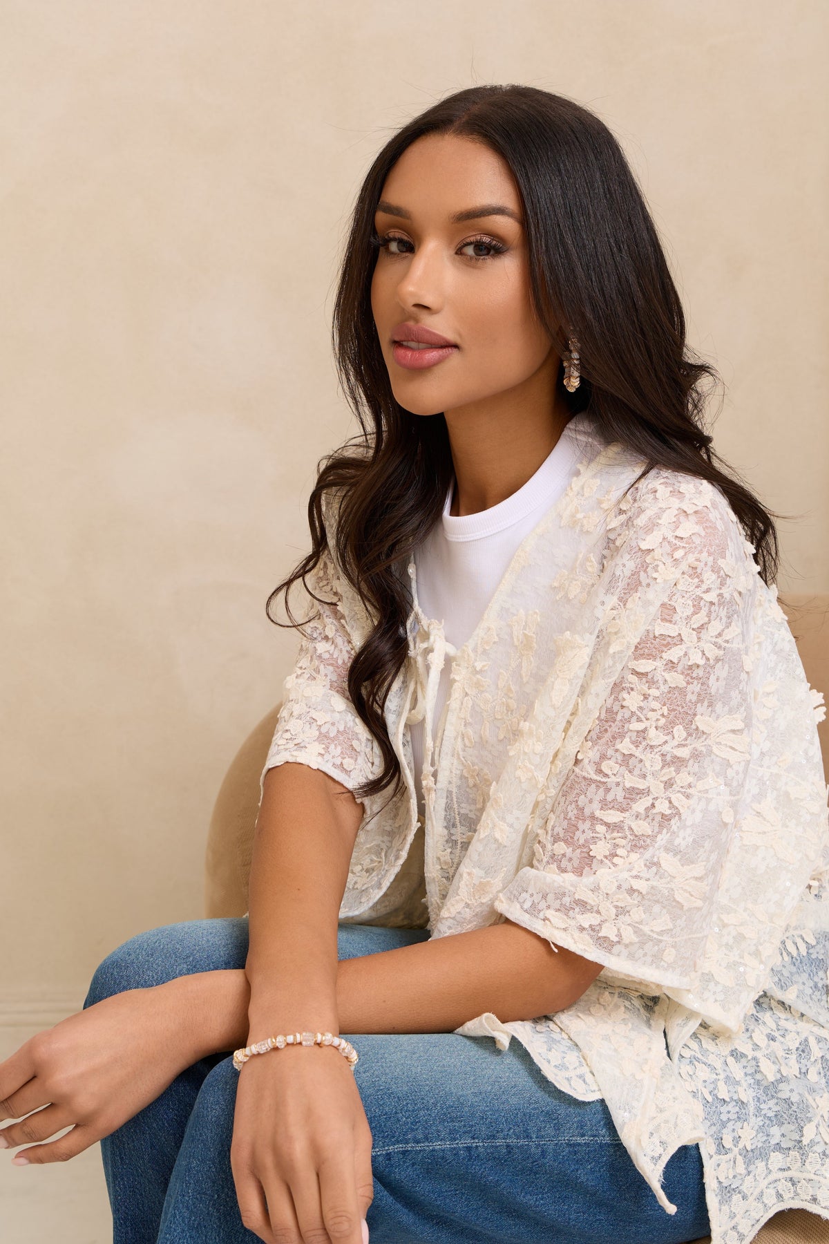 Floral Lace Tie Front Ruana - Ivory