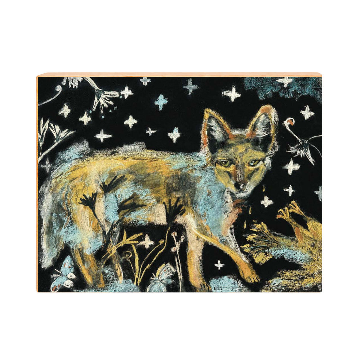 Nighttime Coyote and Chicken art print, 14×11 landscape, front view mounted on 7/8-inch deep gesso board