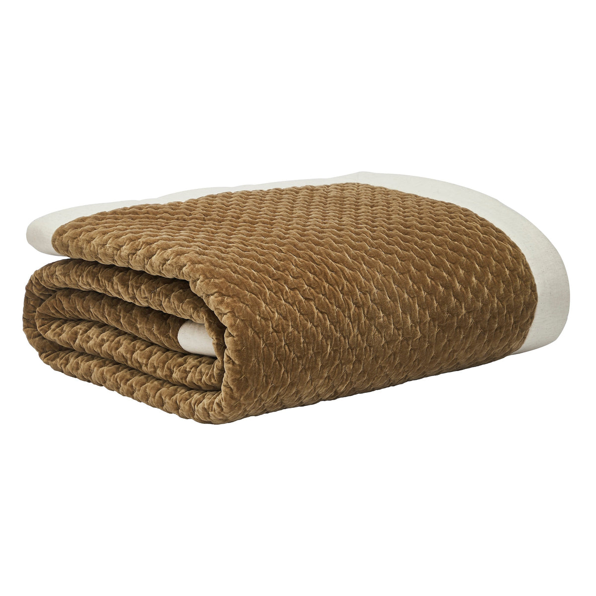 QT-378-9496_9|Neatly folded golden brown quilted velvet bedspread featuring a crisp white linen border, ideal for luxurious comfort.