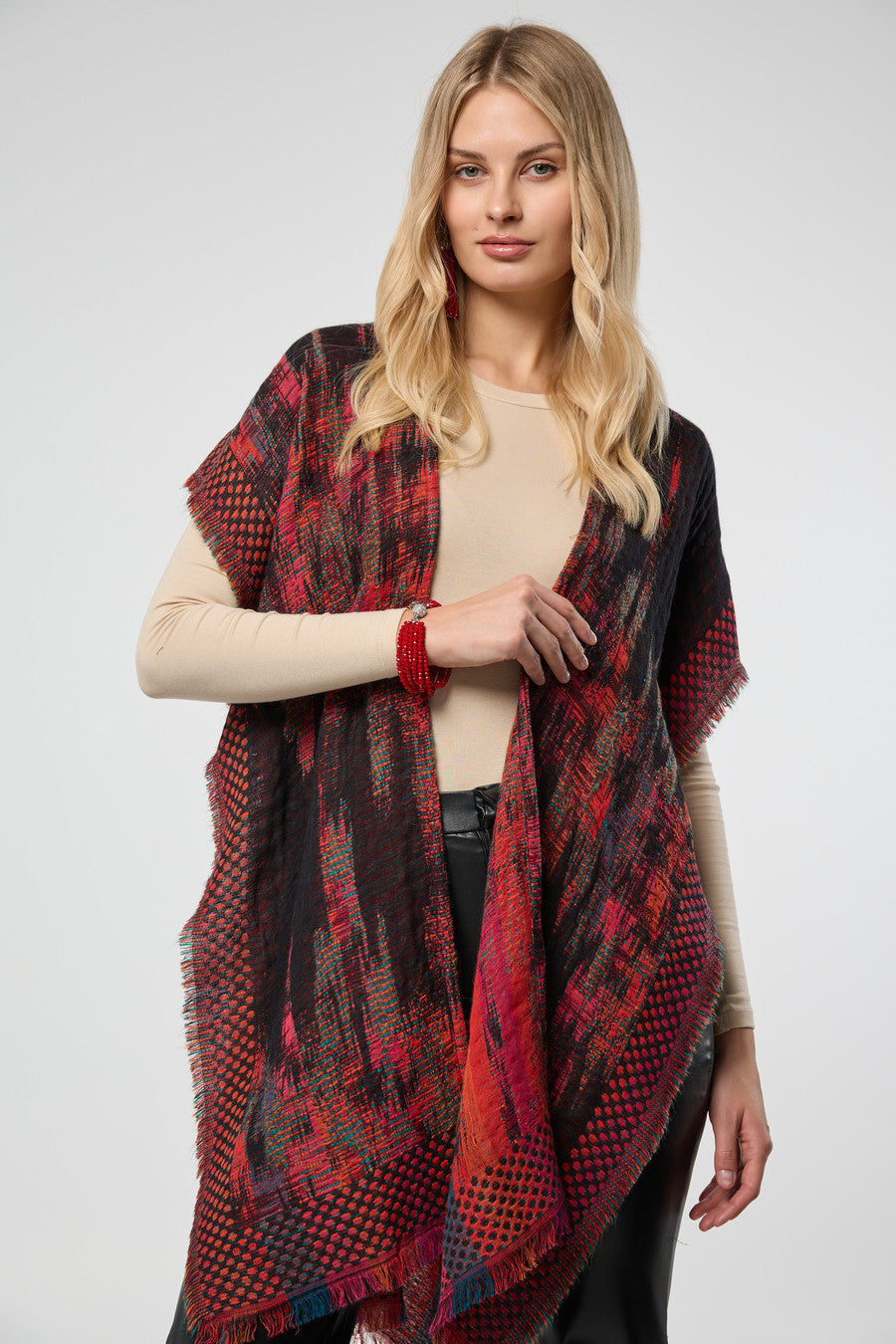 Woven Fringed Kimono - Dark Red