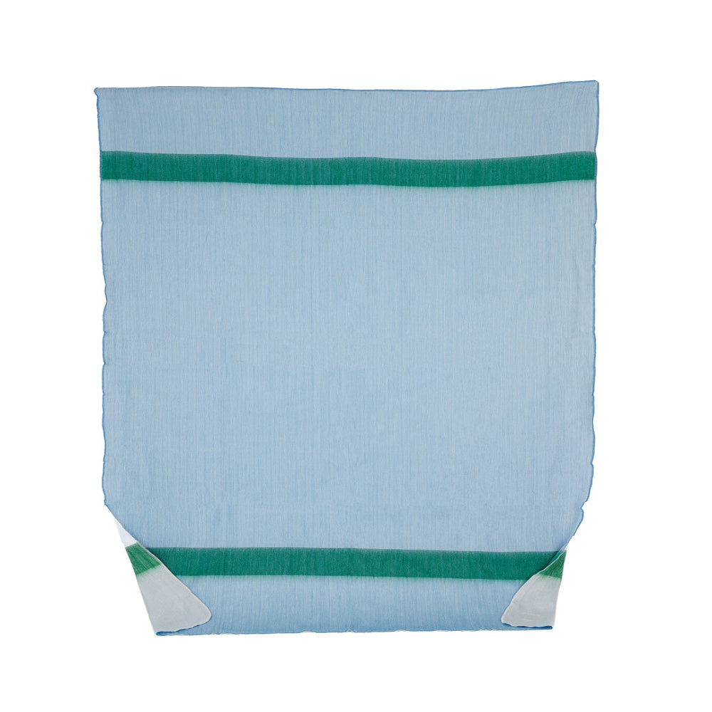 A reversible powder blue and green throw blanket with a striped pattern on the edges.