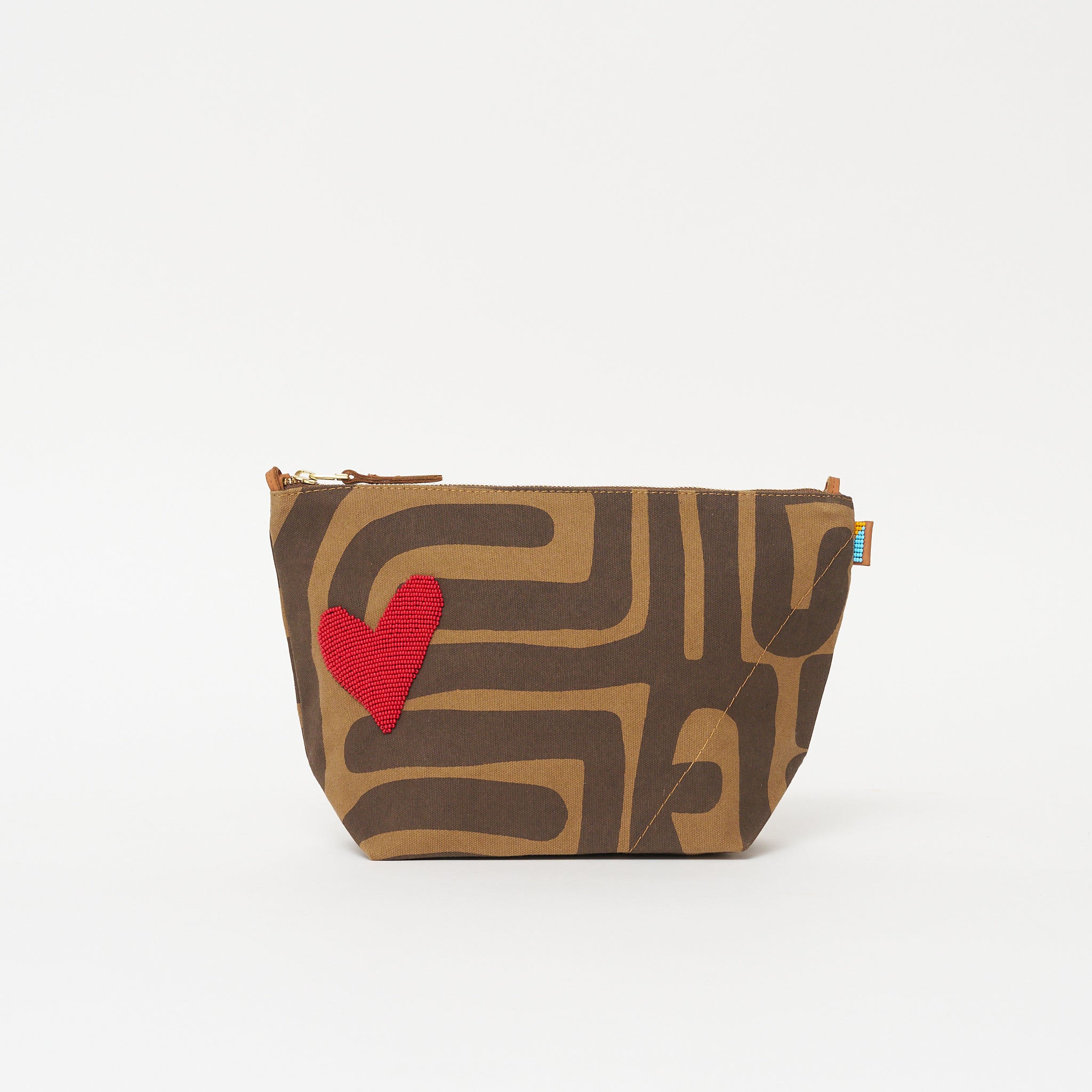 XLarge Convertible Pouch - Mocha Kuba with Red Beaded Heart with Medium Leather Strap
