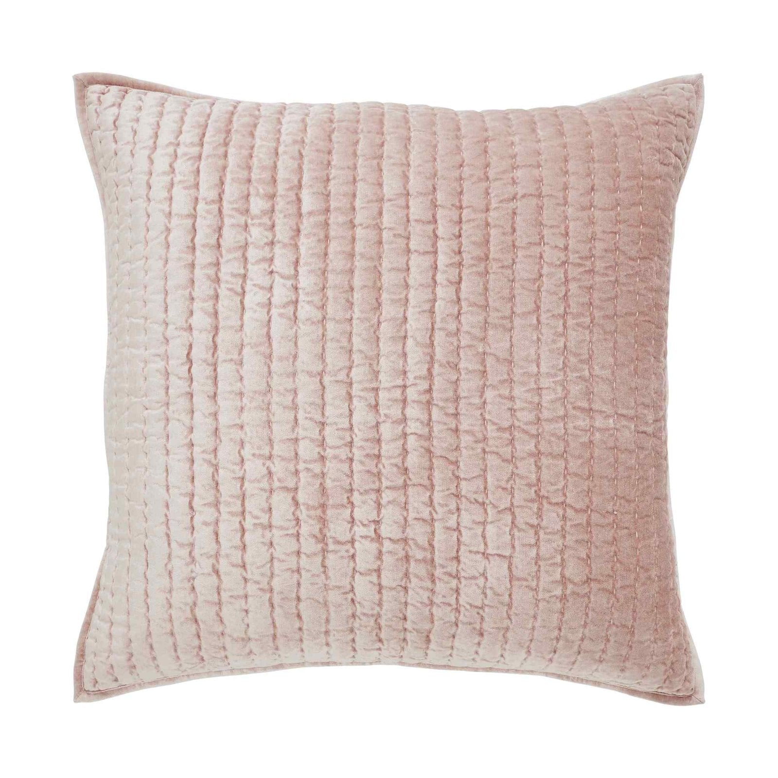 ES-354-2626_1|Sumptuous pink velvet quilted pillow featuring horizontal stitch lines, adding a soft, elegant texture to bedding.