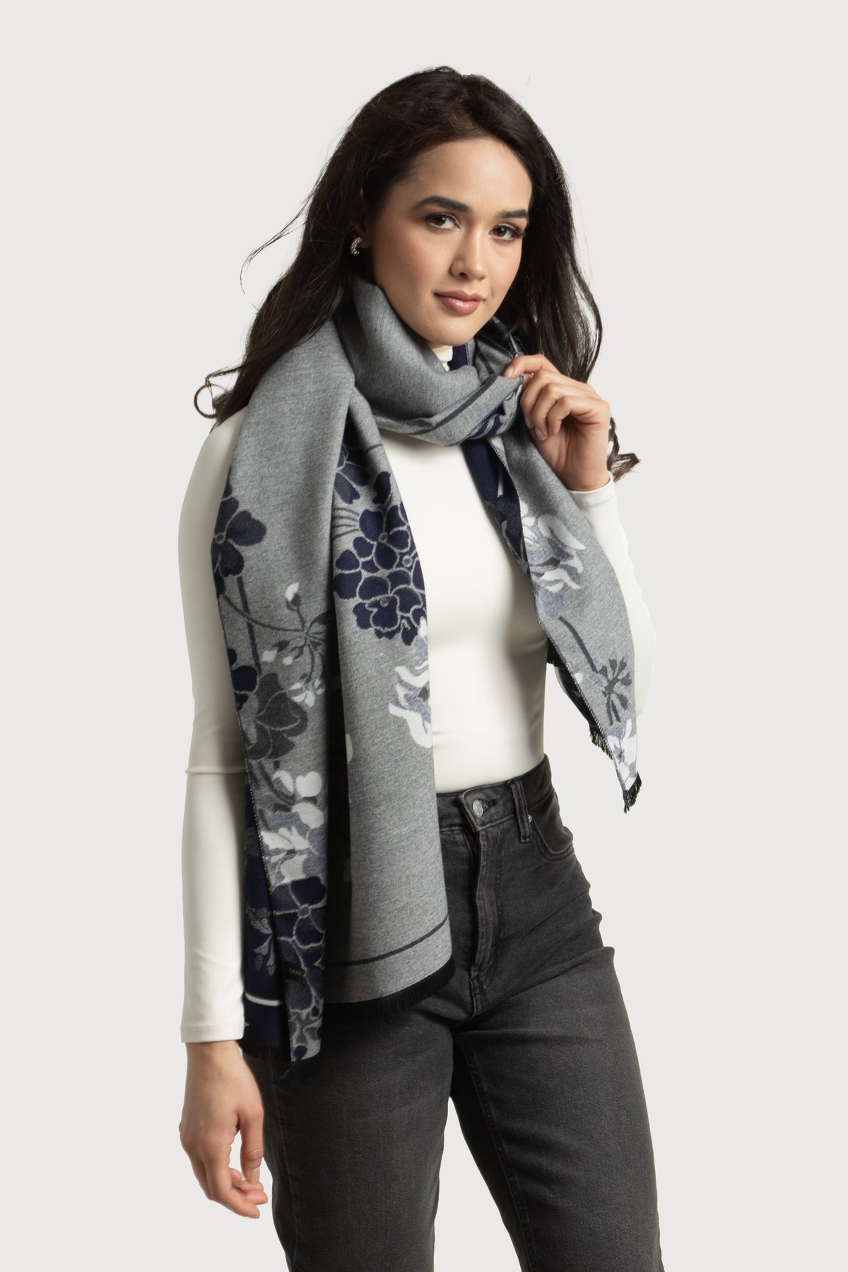 Two Color Floral Reversible Scarf - Navy