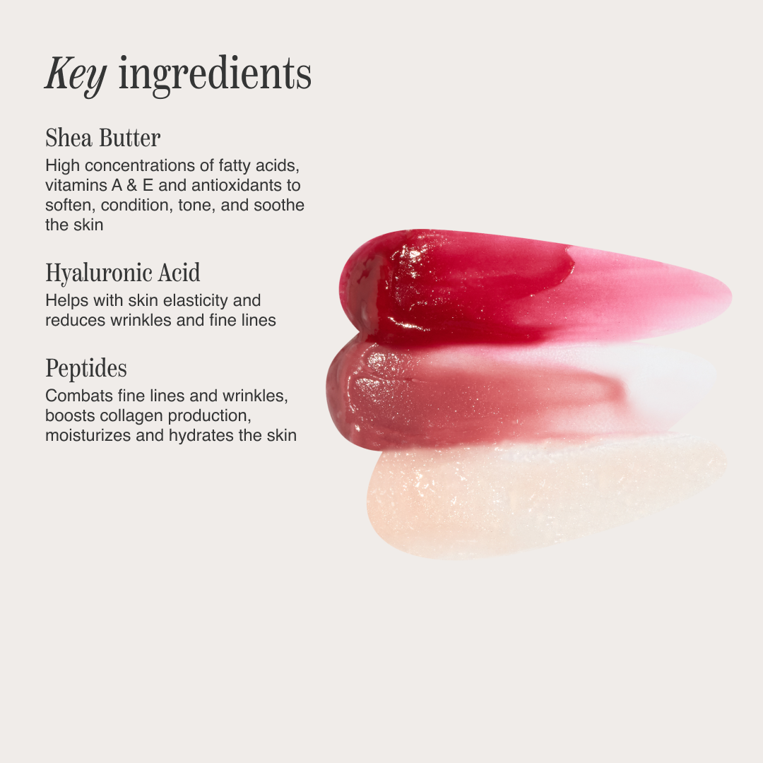 Swatches of Côte Beauty The Sirens Lip Trio Peptide Non-Toxic Lip Gloss Set in, Berry, Mauve and Nude shades. 