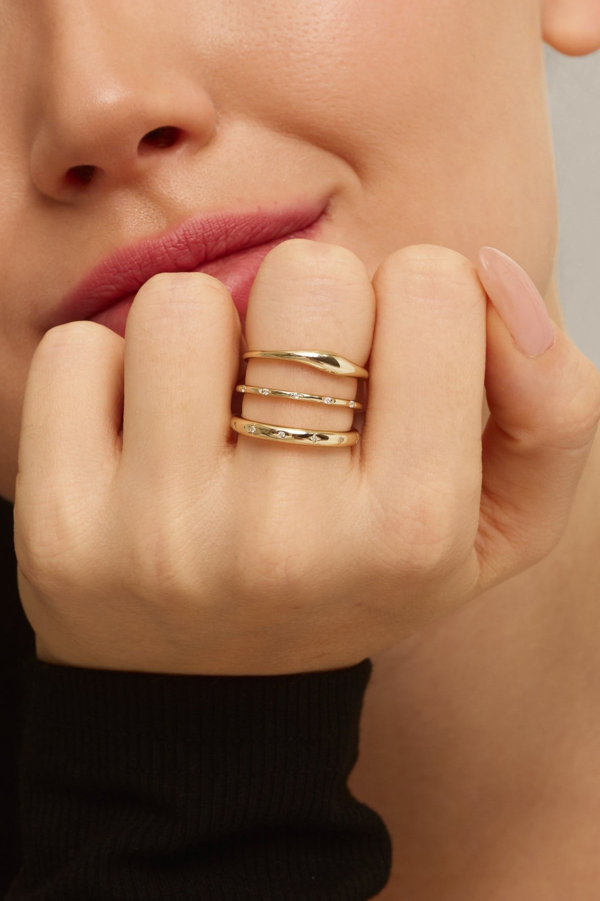 Gold-toned triple ring set from 2.8mm CZ Studded Galaxy Ring collection