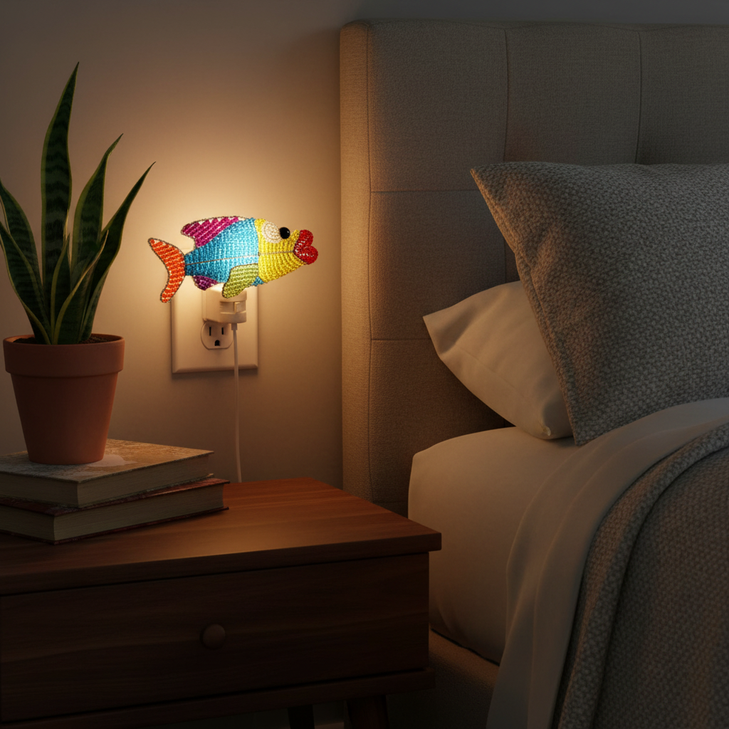 Night Light Fish Set of 2 glowing on a bedside table in a cozy bedroom
