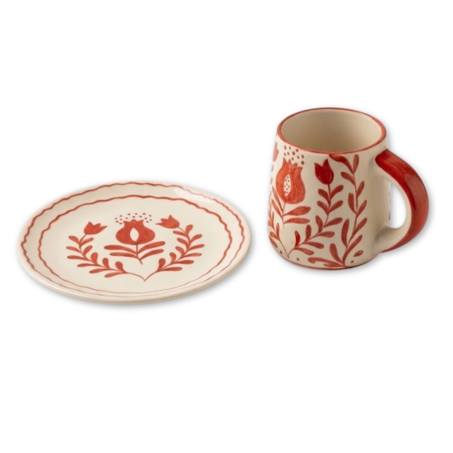 S/2 Red Anaar Ceramic Breakfast Set - Coffee Cup & Side Plate