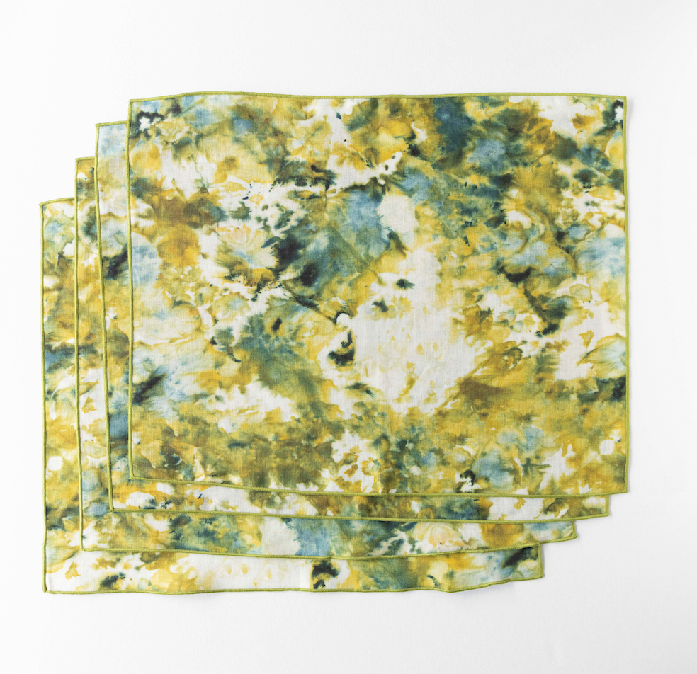Green Marble linen placemat flat lay with gold trim detail - Goldie Home