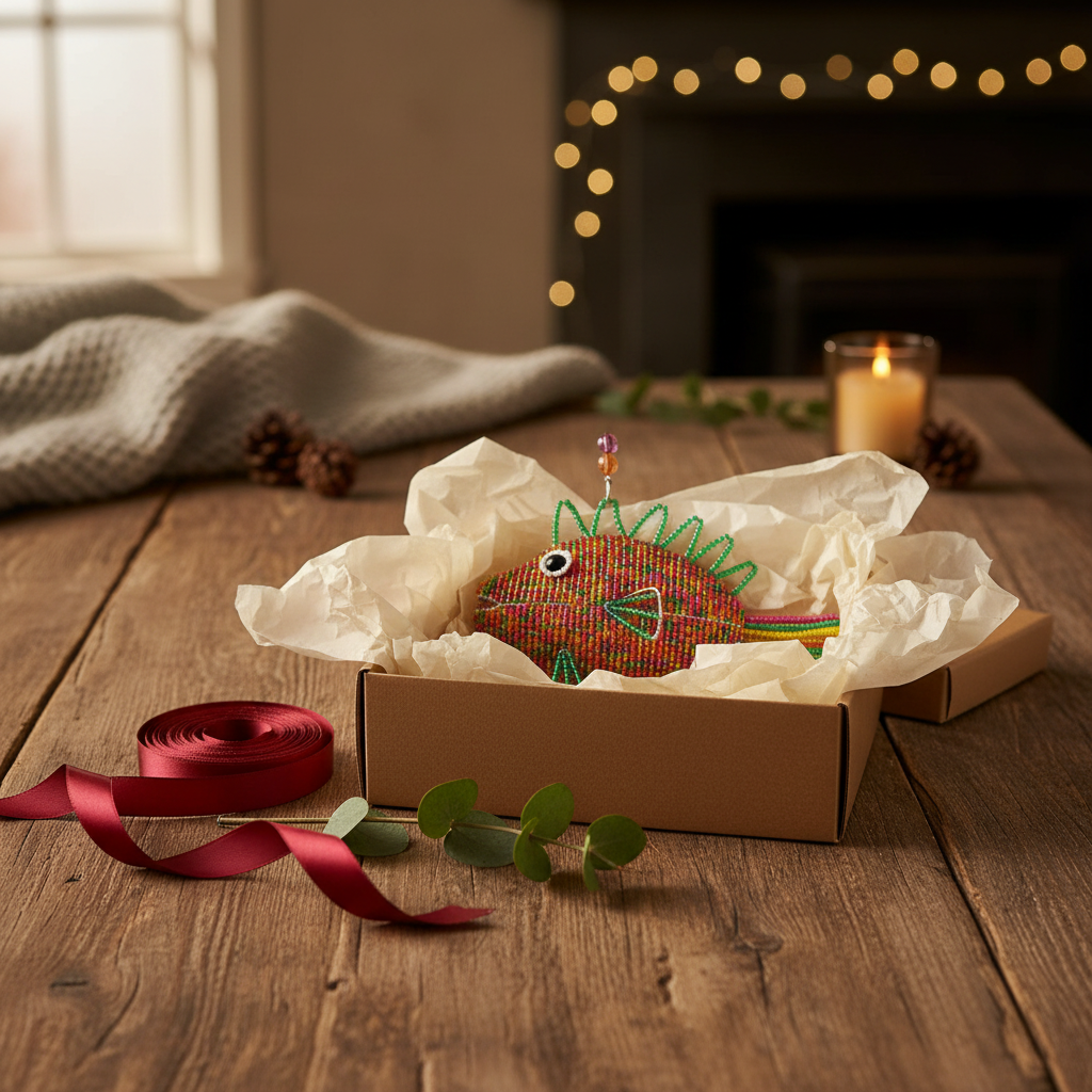 Beaded speckle fish ornament as a gift in a kraft box with ribbon
