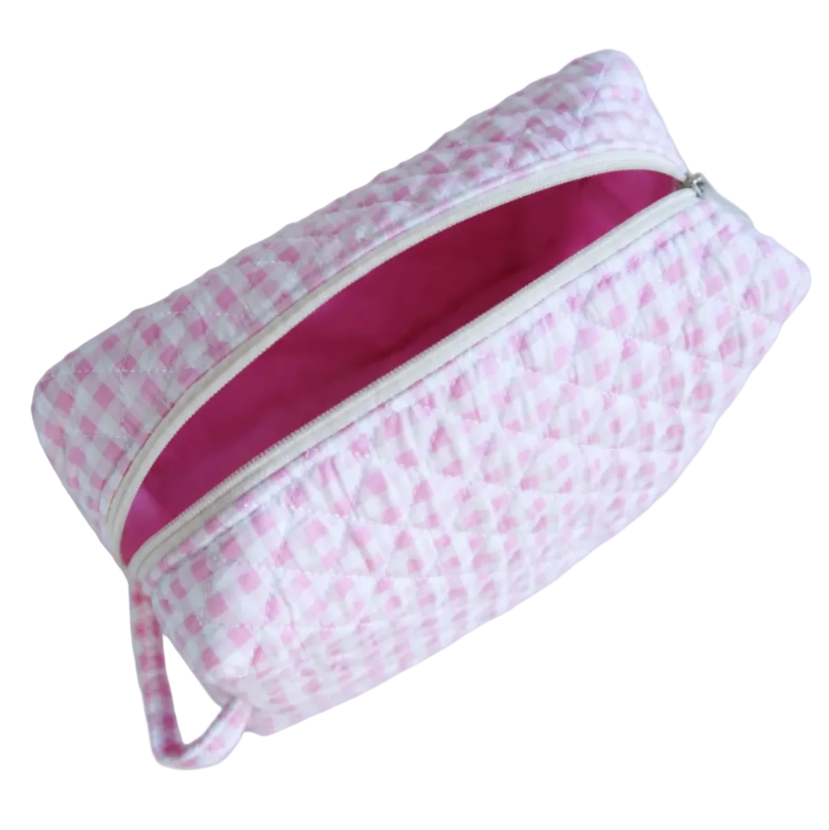 Gingham Pink Make-up Bag Large detail — pink gingham check on premium cotton