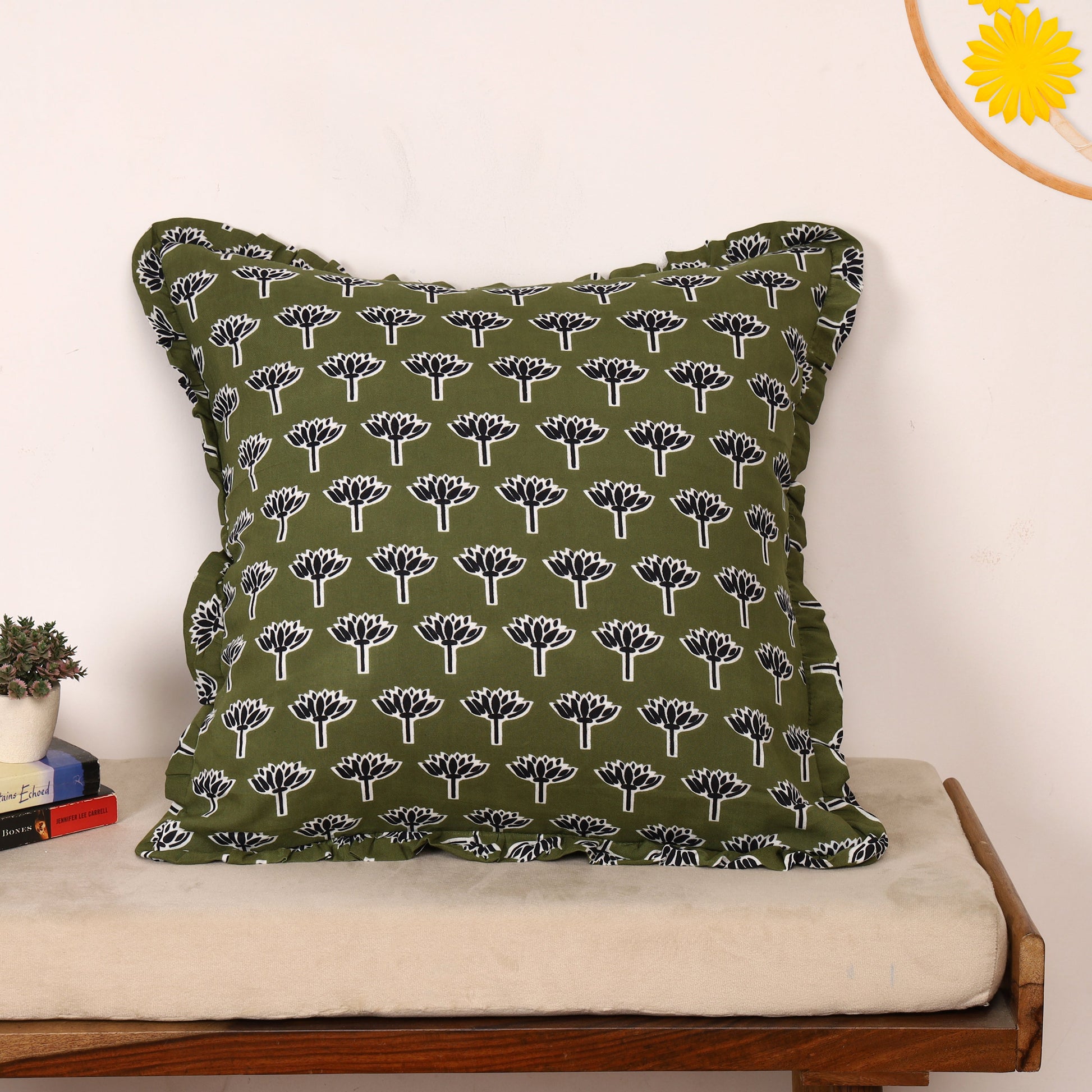 Dark green block-printed ruffled pillow cover