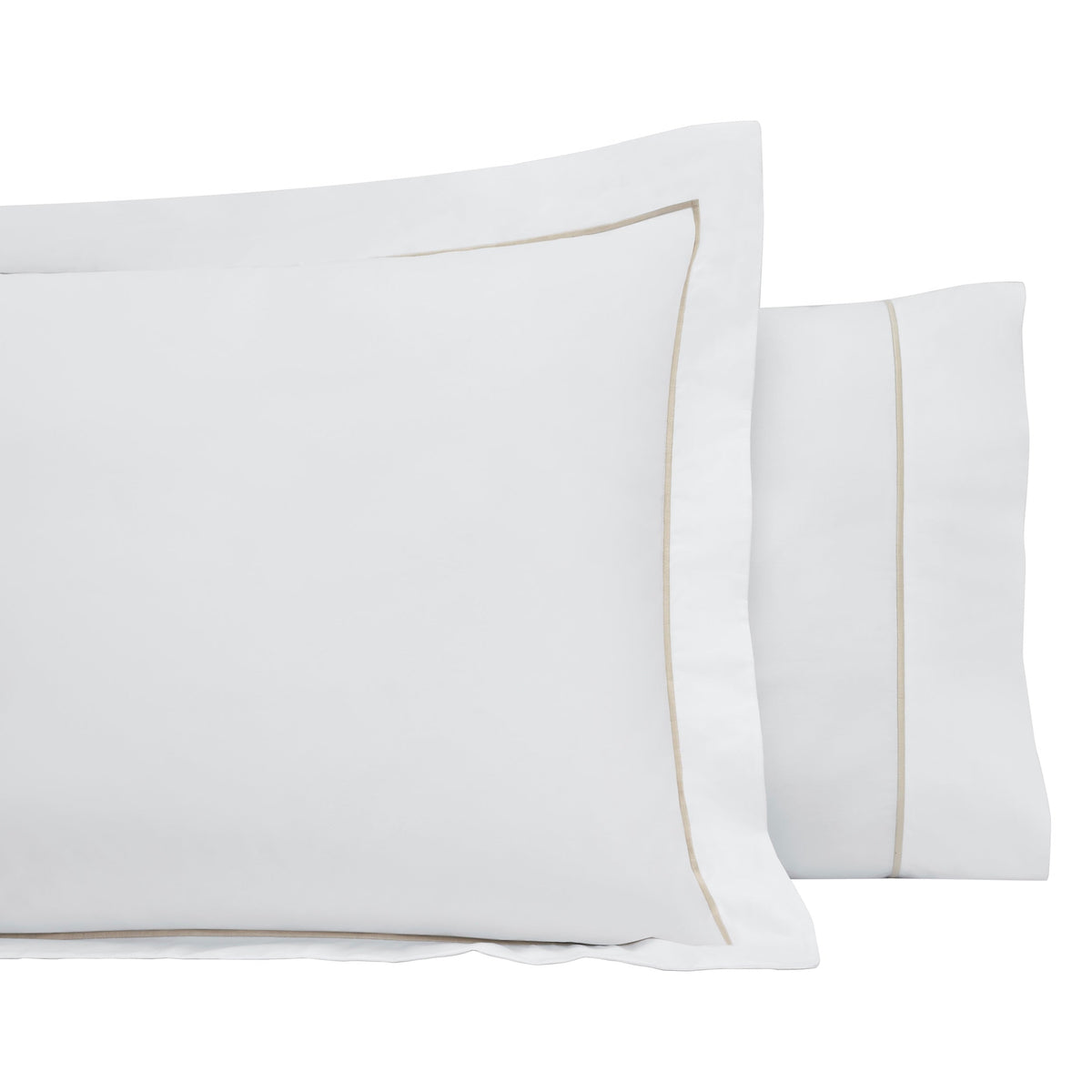 AKP-531-2040_2|Pair of white 100% cotton pillowcases with sateen weave and beige piping border. Front pillowcase features a flange.