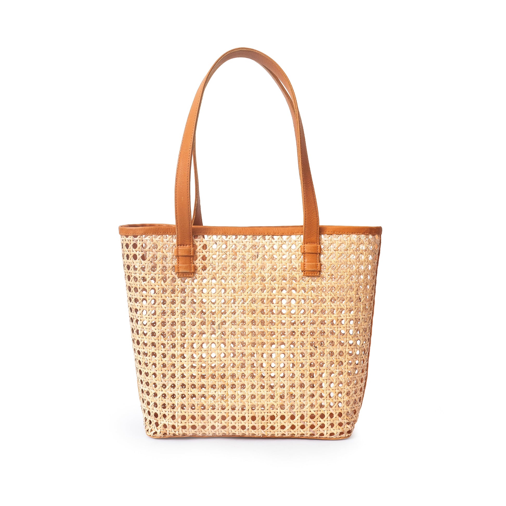 Open Weave Rattan Cane Webbing and Tan Leather Shoulder Tote Handbag