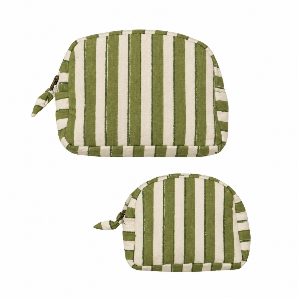 Basera Hand Block Printed Quilted Cotton Travel Pouch - Stripes