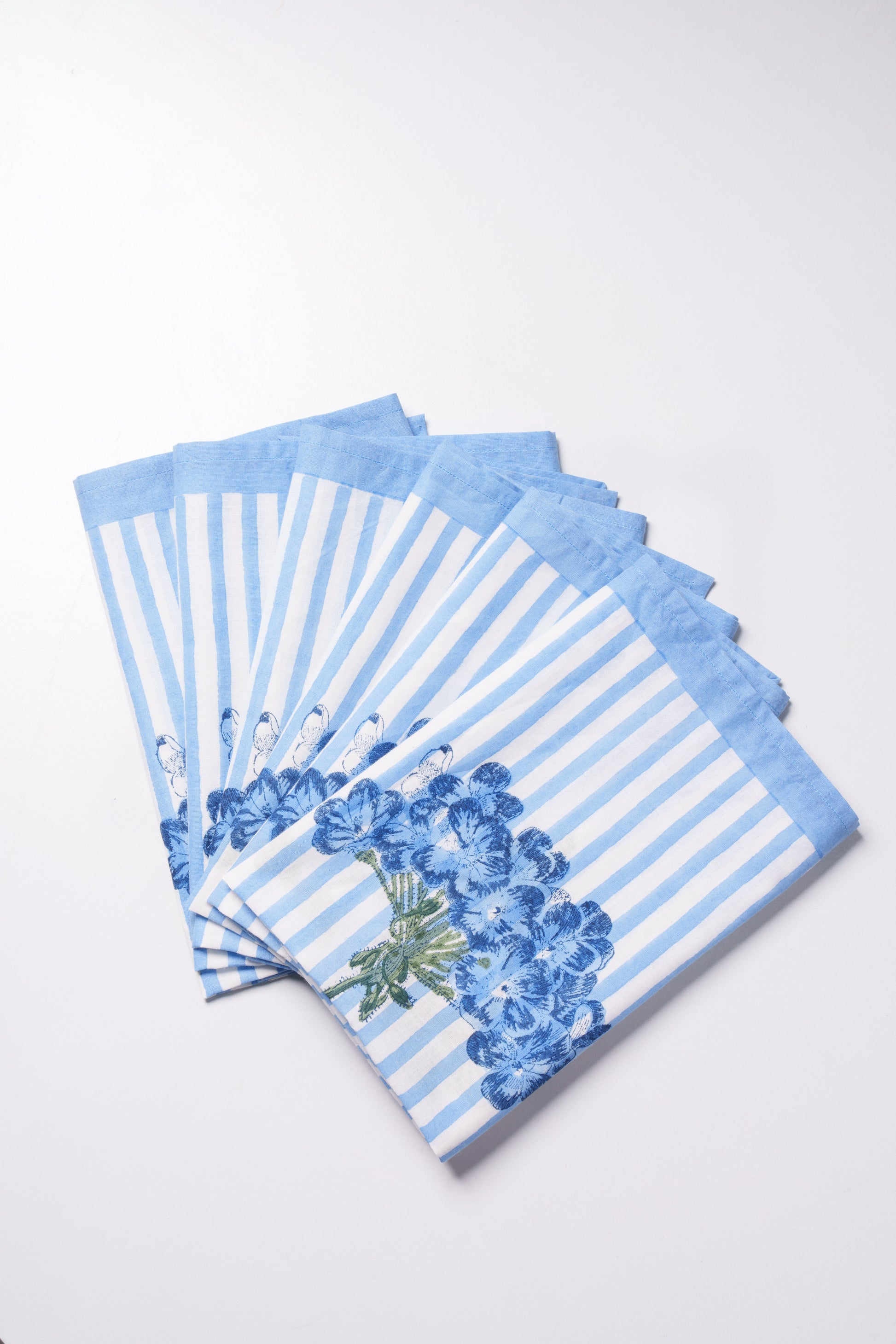 Set of 4 blue hydrangea blockprint napkins with white/blue stripes