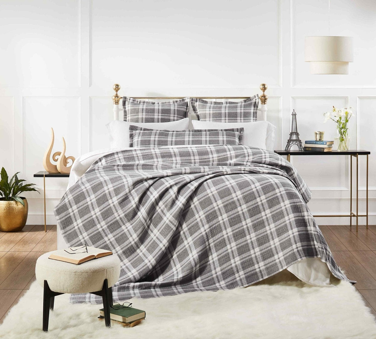 BT-116-X_2|Stacked plaid quilts in assorted soft colors like beige, grey, and charcoal, perfect for cozy bedroom layering.