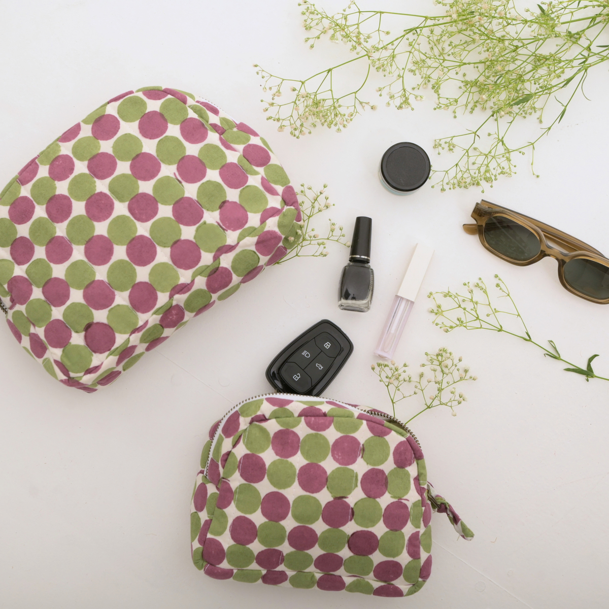 Basera Hand Block Printed Quilted Cotton Travel Pouch - Circles