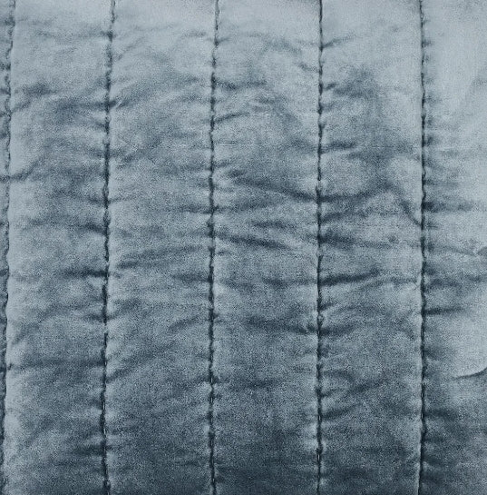 QT-360-9496_6|Luxurious steel blue velvet quilted throw with elegant vertical channel stitching, adding a sophisticated touch to decor.