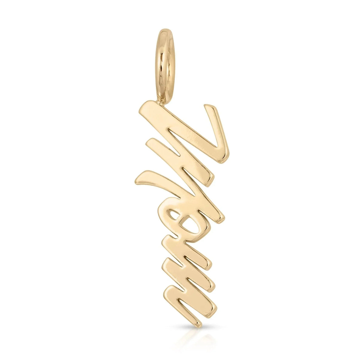 Gold Mom pendant from the Script Pendant Mom collection in stylish jewelry display