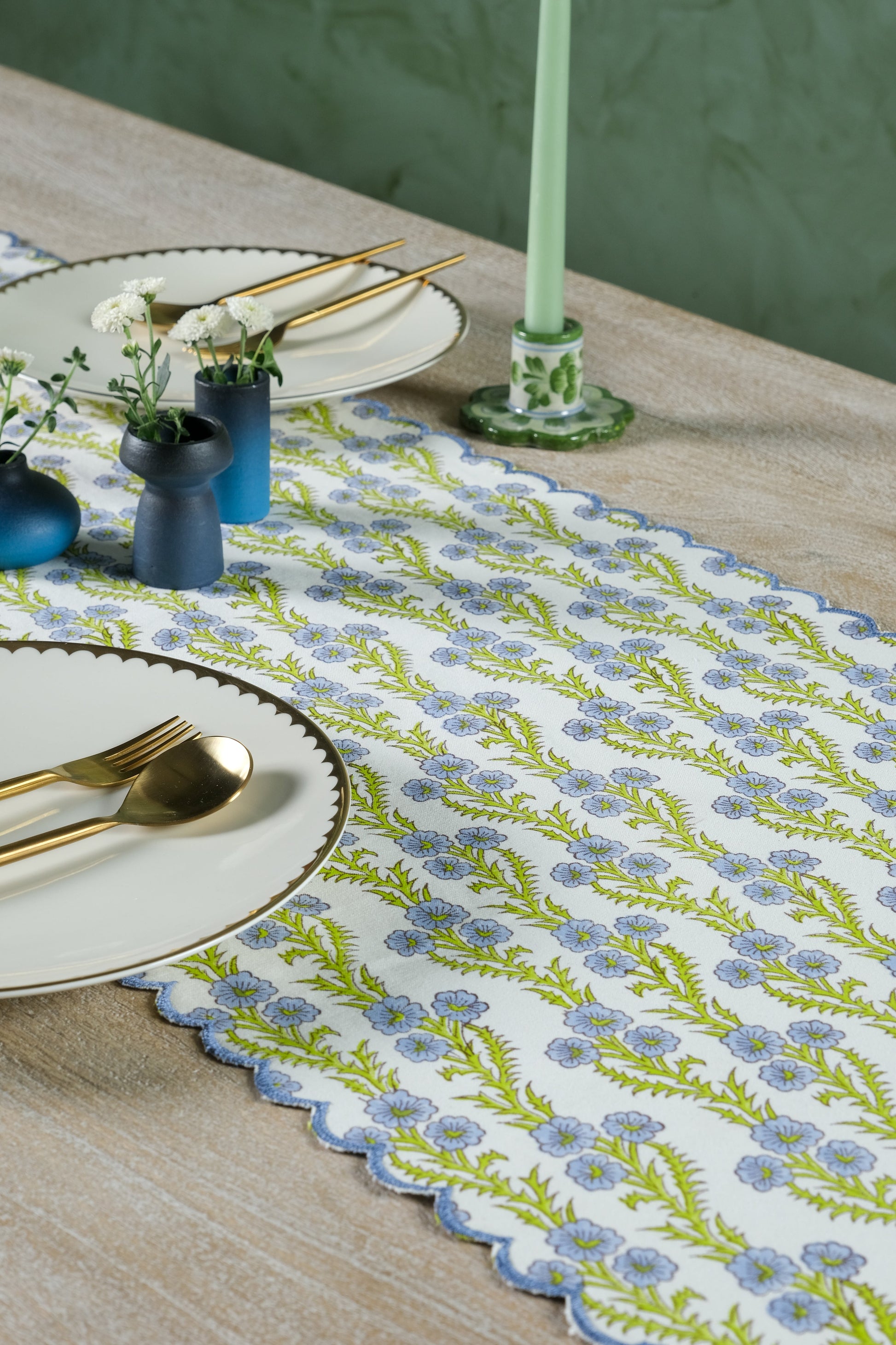 Inner Child blue forget-me-not scallop embroidered blockprint tablerunner with gold utensils