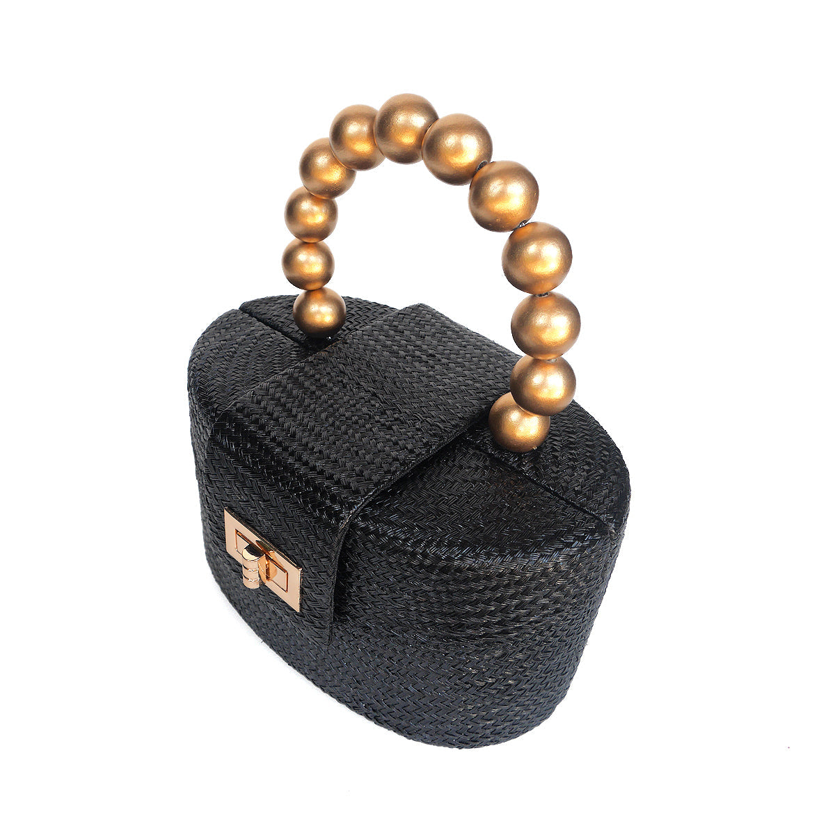 A small black woven handbag with a rounded rectangular body, a top handle made of metallic gold-toned beads, and a small gold clasp on the front, shown on a plain white background.