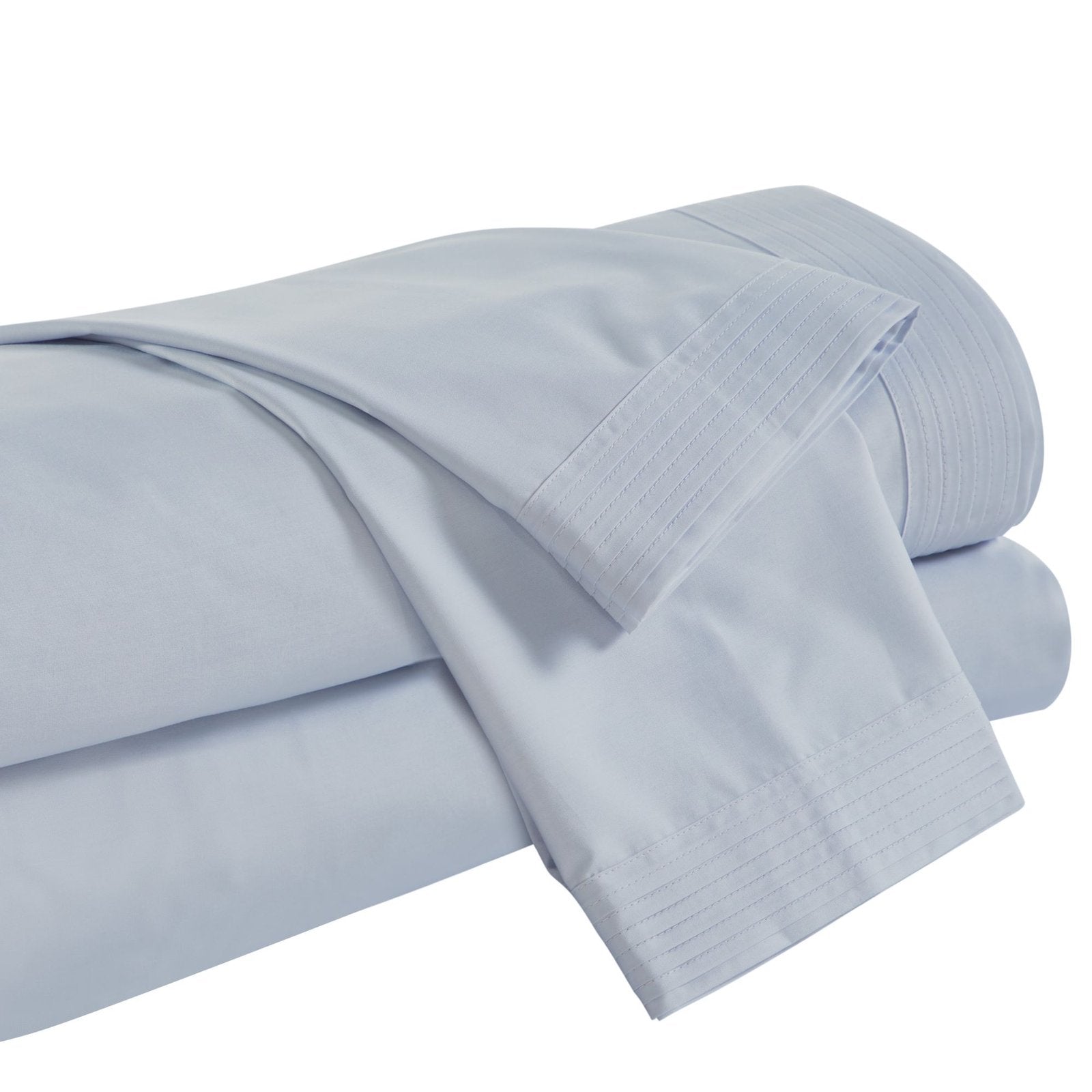 CSS-524-7284_5|Neatly folded light blue 100% cotton sheets, highlighting the quality fabric and elegant pleat details. Premium bedding.