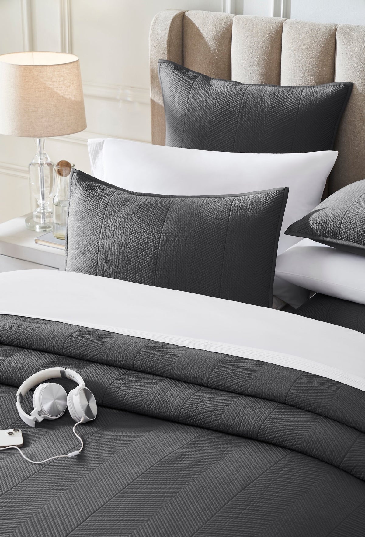 CL-263-9496_4|Dark grey chevron quilted coverlet for a cozy bed. Stylish, soft, and durable bedding for modern bedrooms.