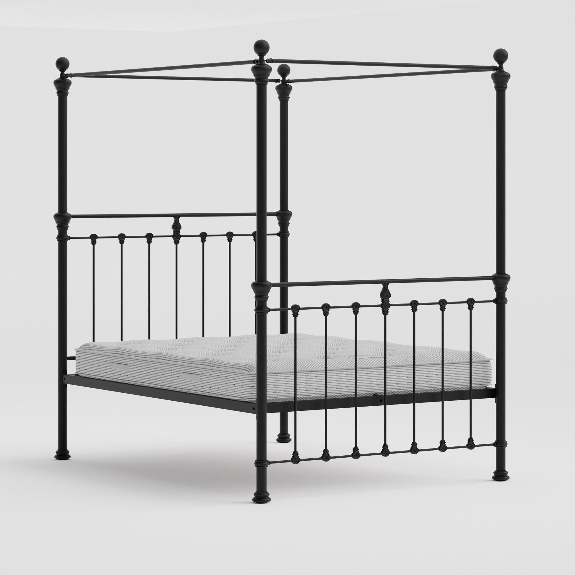 MB-206-X_1|Elegant black metal four-poster bed frame with ornate finials, sturdy design, and classic wrought iron style for any bedroom.