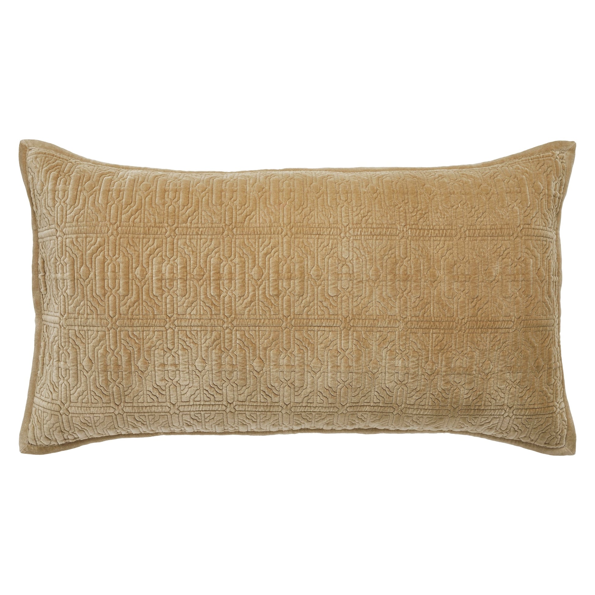 KS-377-2036_1|Luxurious tan velvet quilted decorative pillow with intricate geometric pattern, perfect for a cozy bed or sofa.