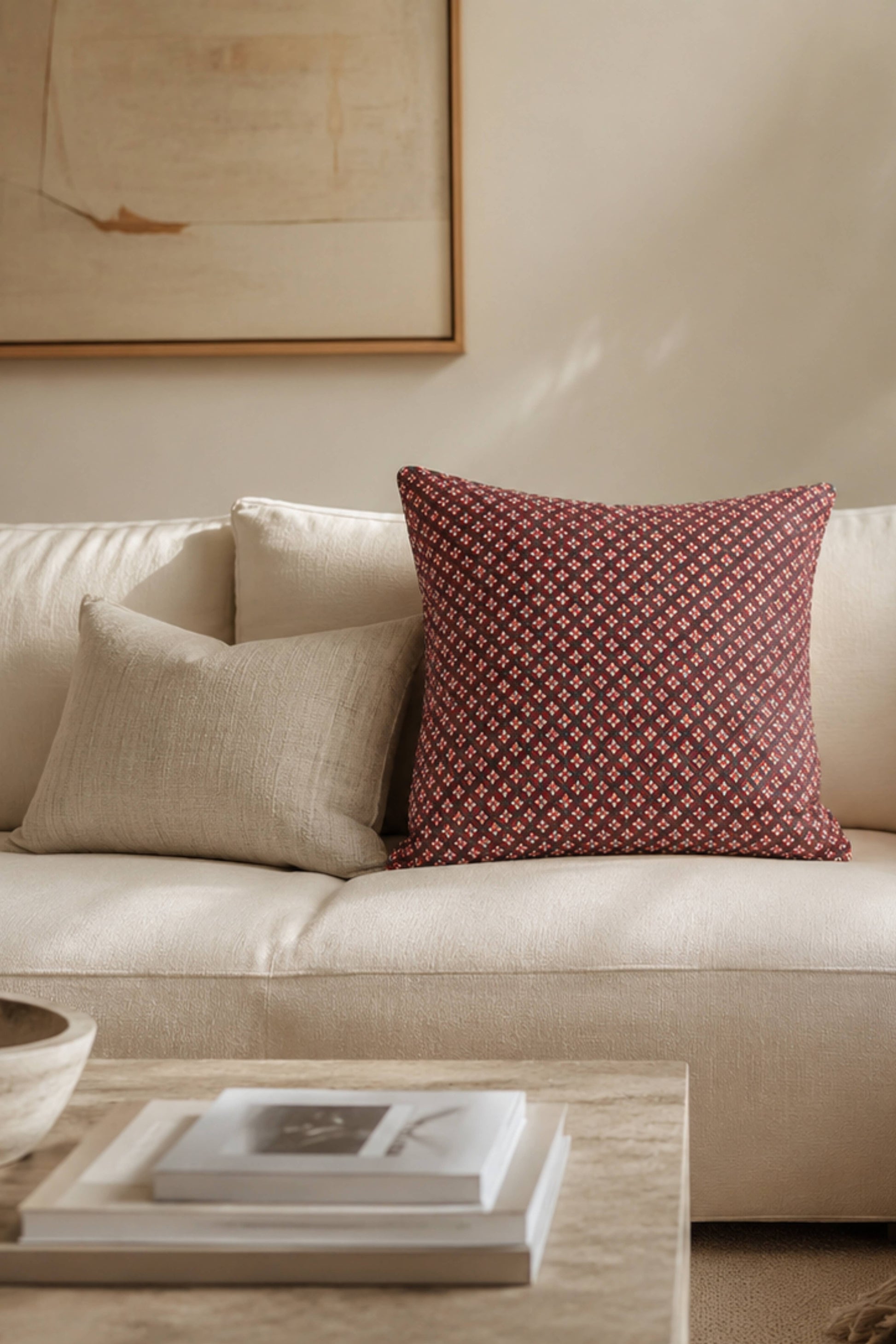 Holly & Berry Holiday Crimson Piped Blockprint Pillow Cover