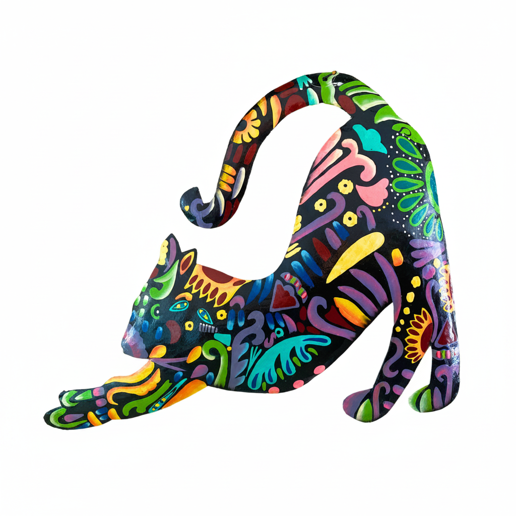 Vivid Cat Stretching painted metal wall art on white background – Haitian handcrafted cat decor