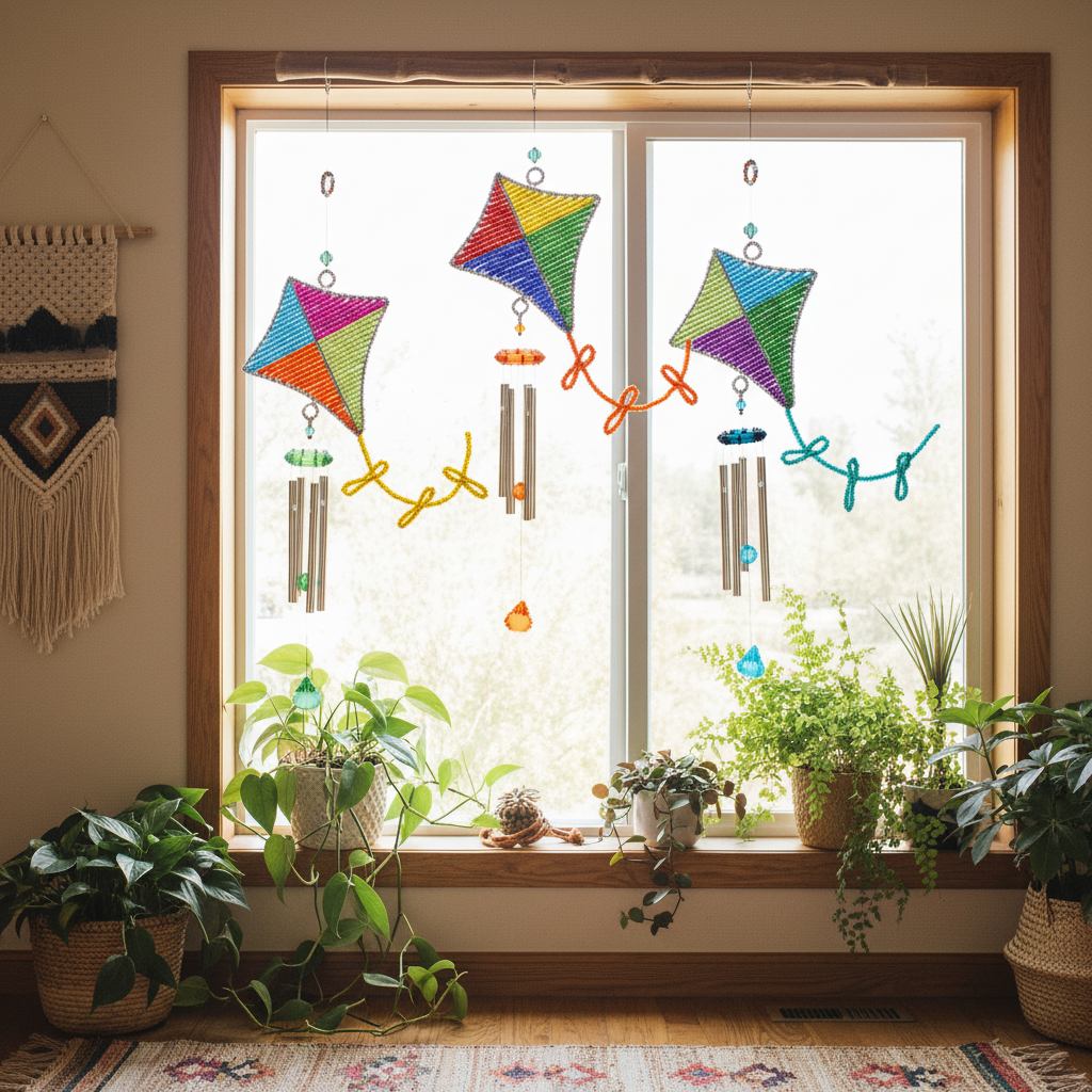 Colorful beaded kite wind chimes displayed near a bright window in a bohemian home decor setting