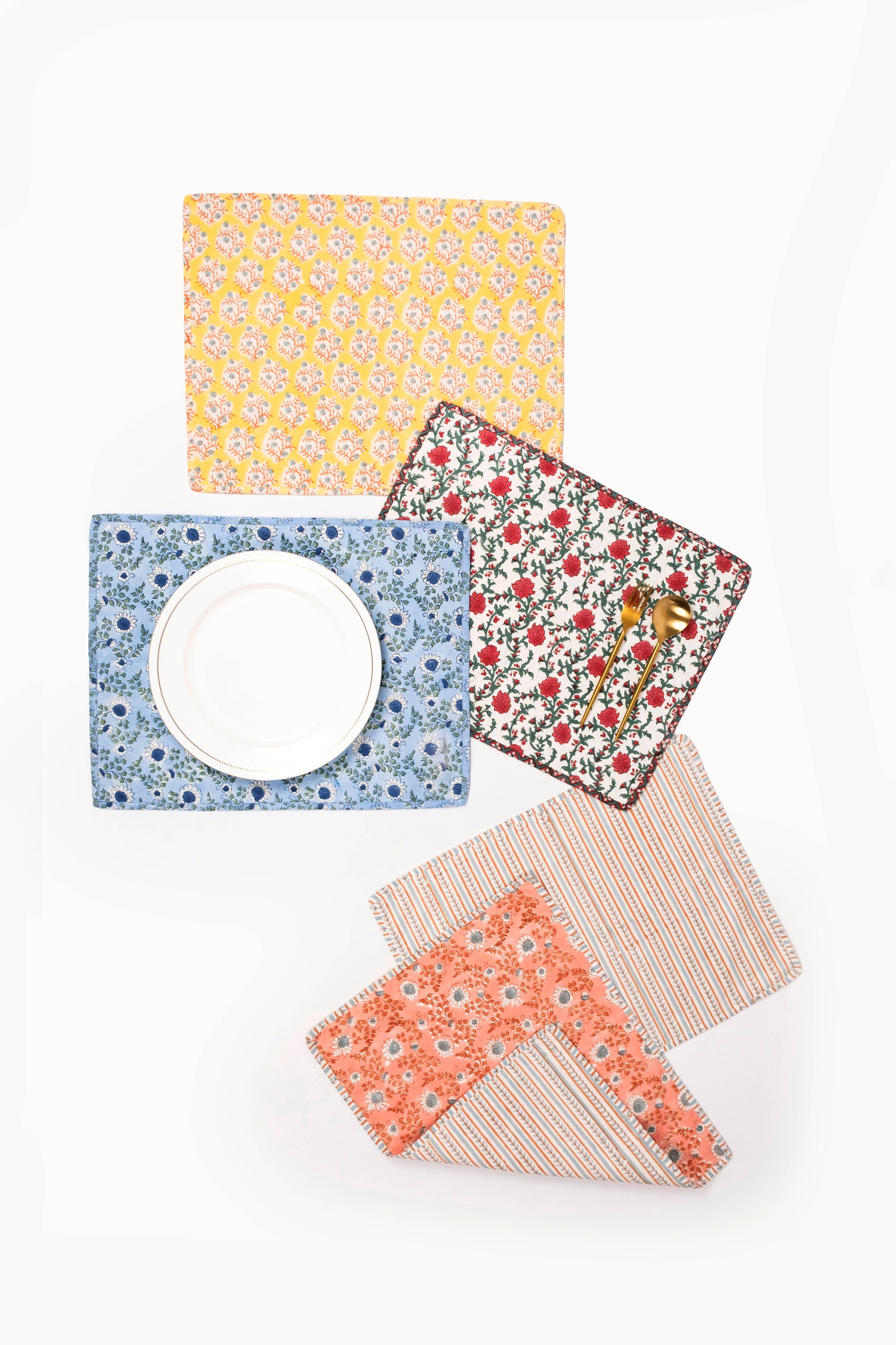 Terracotta & Blue Reversible Block Print Placemats-Set of 2