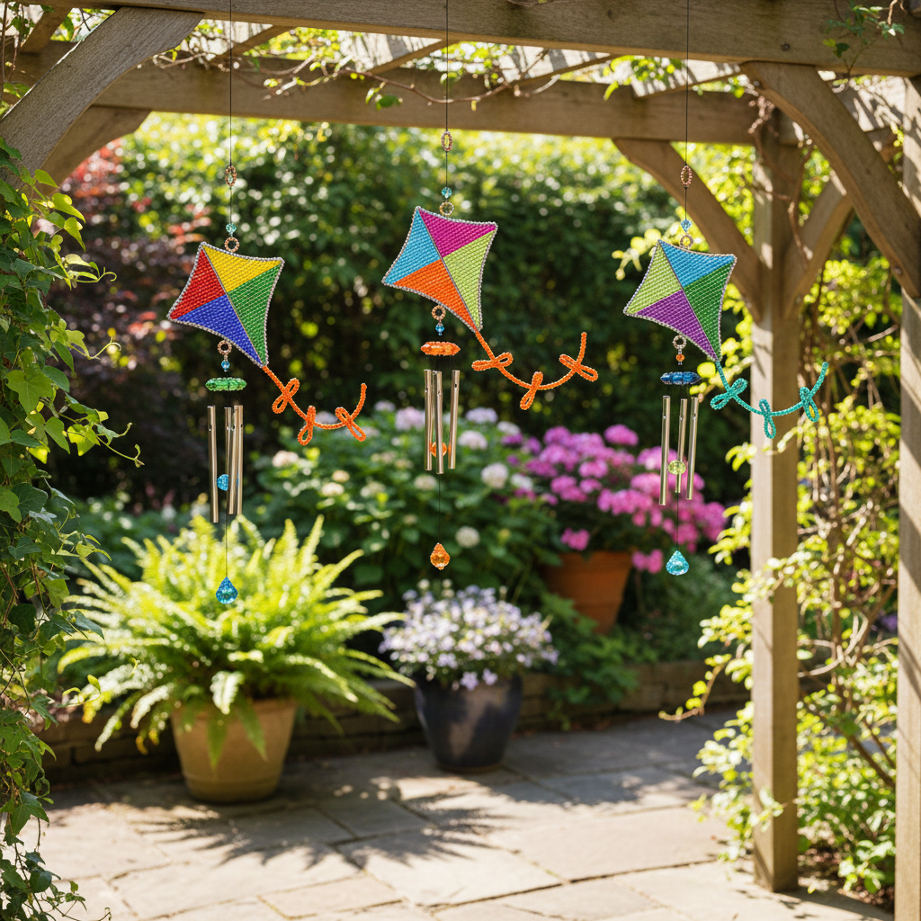 Colorful beaded kite wind chimes hanging on a sunny garden patio with lush green plants