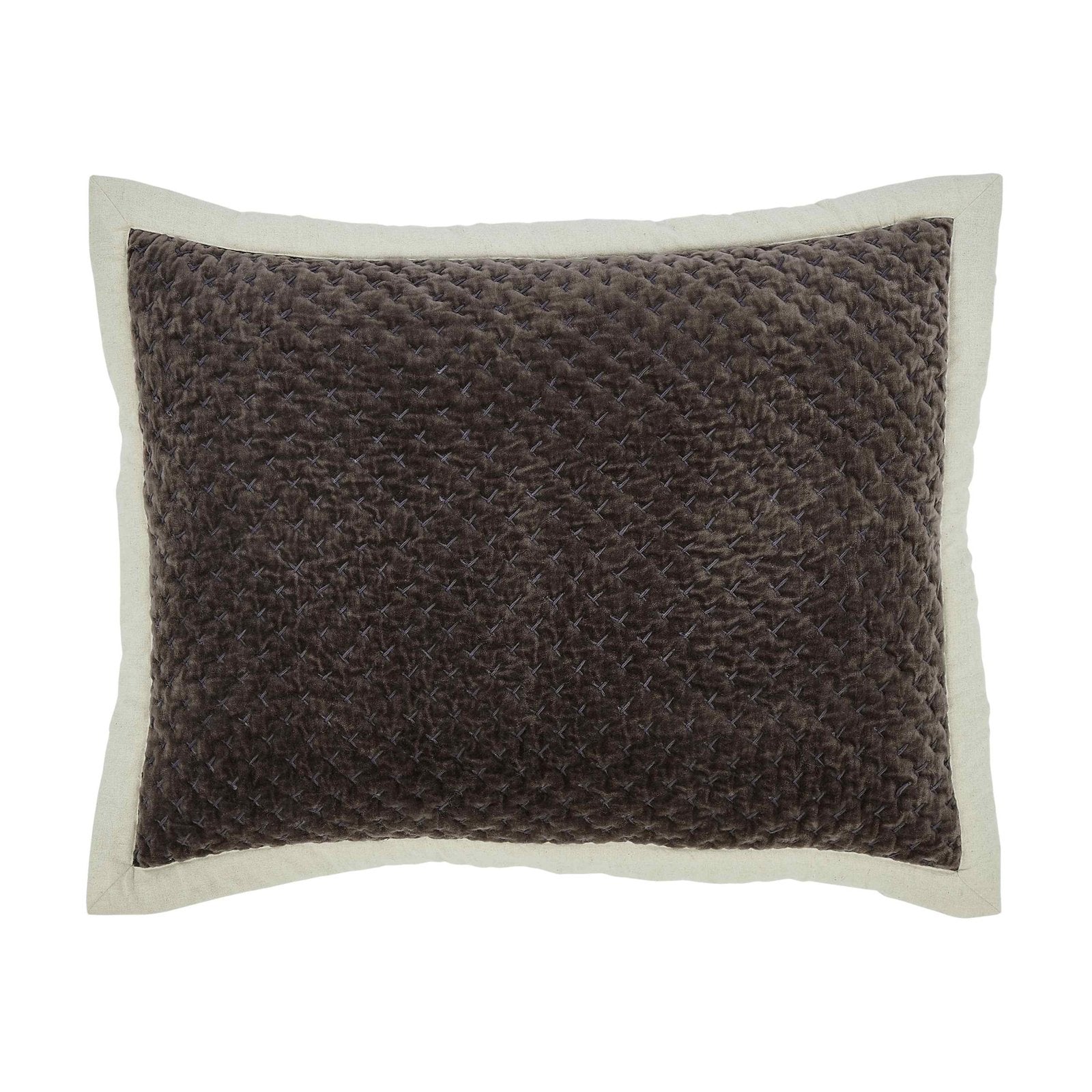 SS-329-2026_1|Luxurious quilted brown velvet pillow sham, featuring a contrasting light border, ideal for elegant bedding sets.