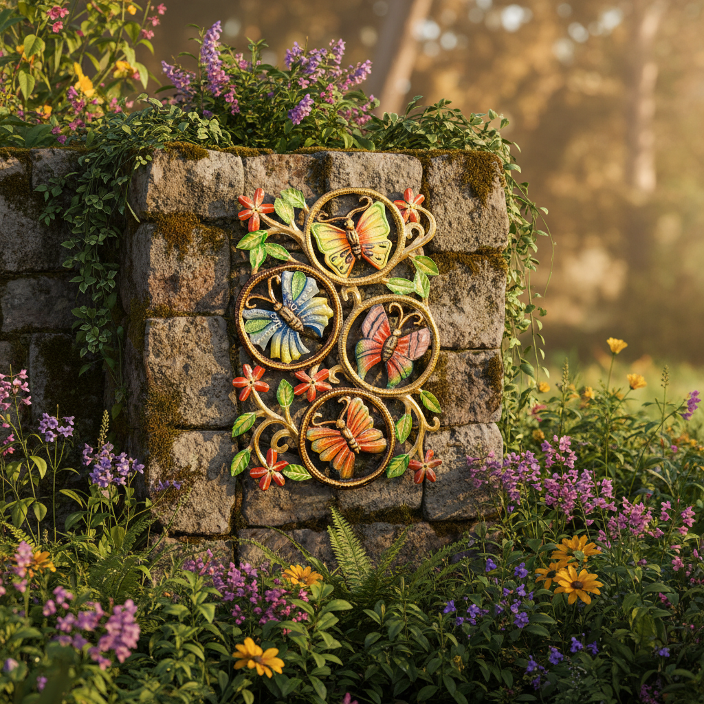 Painted Butterflies on the Wall metal art displayed in an outdoor garden setting