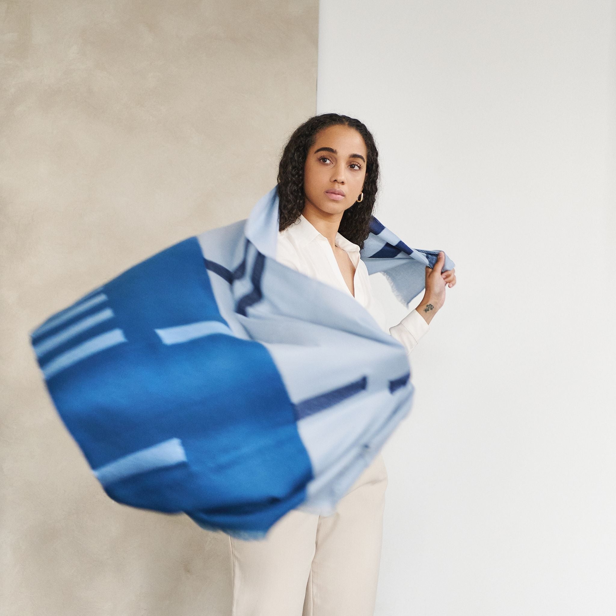 Harbor Blue Silk Merino Hand Woven Hand Embroidered Modern Artisanal Scarf