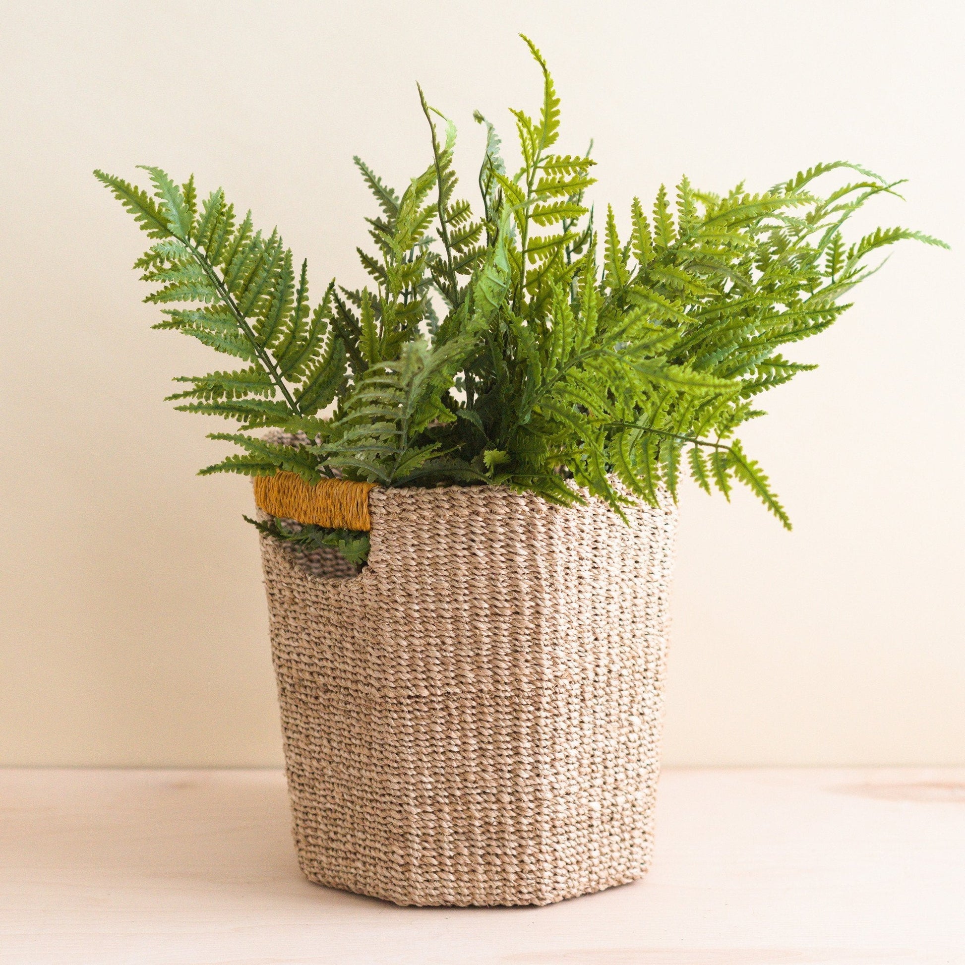 Baskets - Natural Octagon Basket with Mustard Handle - Handwoven Bin | LIKHÂ - LIKHÂ