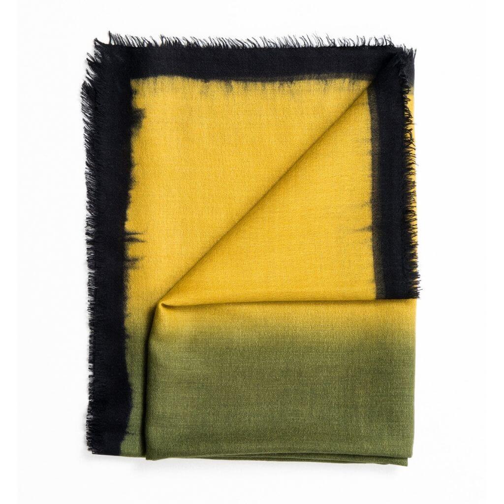 Iris Courtyard Green Purple Hand Woven Cashmere Merino Scarf, featuring a unique hand-dyed design with olive and black shades.