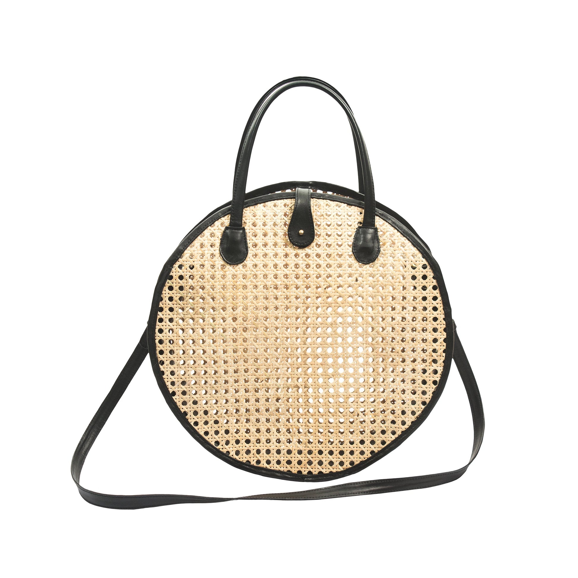 Black Leather and Rattan Cane Webbing Crossbody Bag