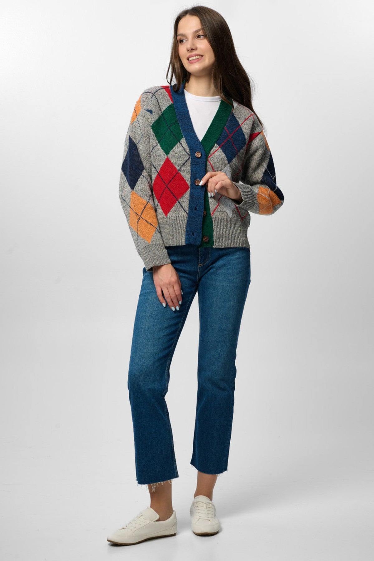Classic Colorful Argyle Cardi - Grey