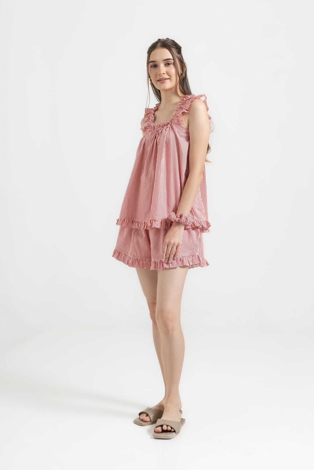 Stella Lounge Set Red — red stripe cotton camisole with frill straps and elasticated shorts